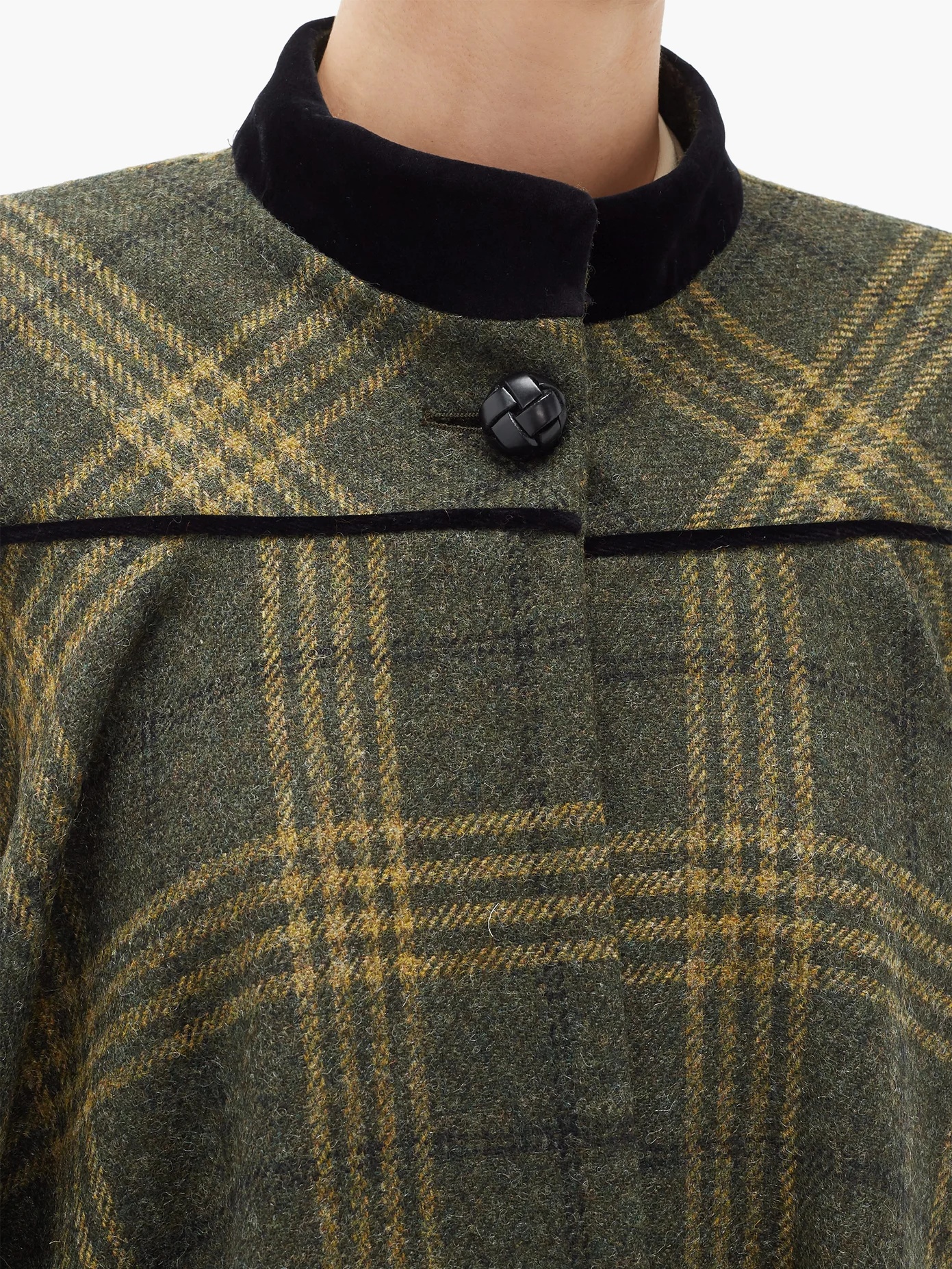 Velvet-collar checked-wool cape coat - 3