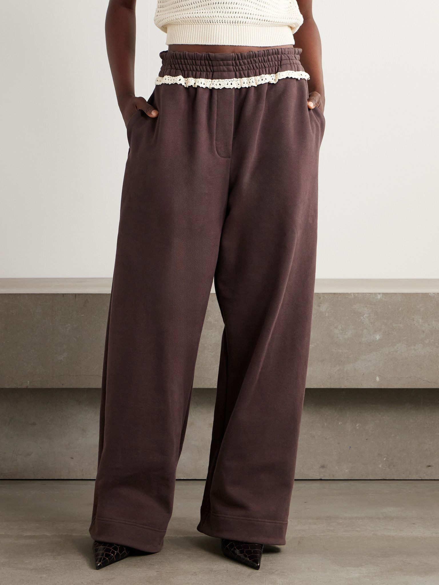Crochet-trimmed cotton-jersey wide-leg track pants Brown - 3