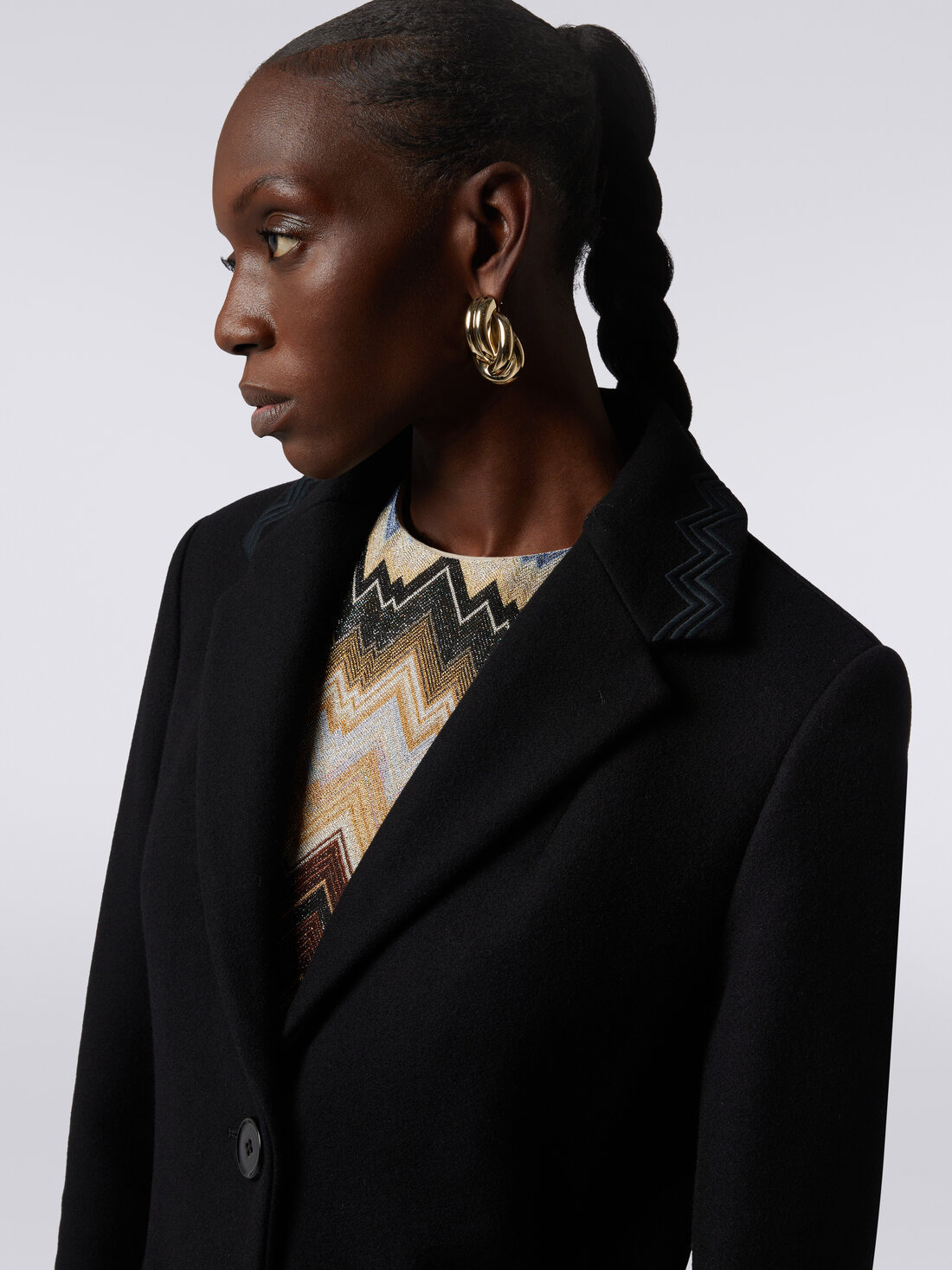 Wool blend long coat with zigzag inserts - 5