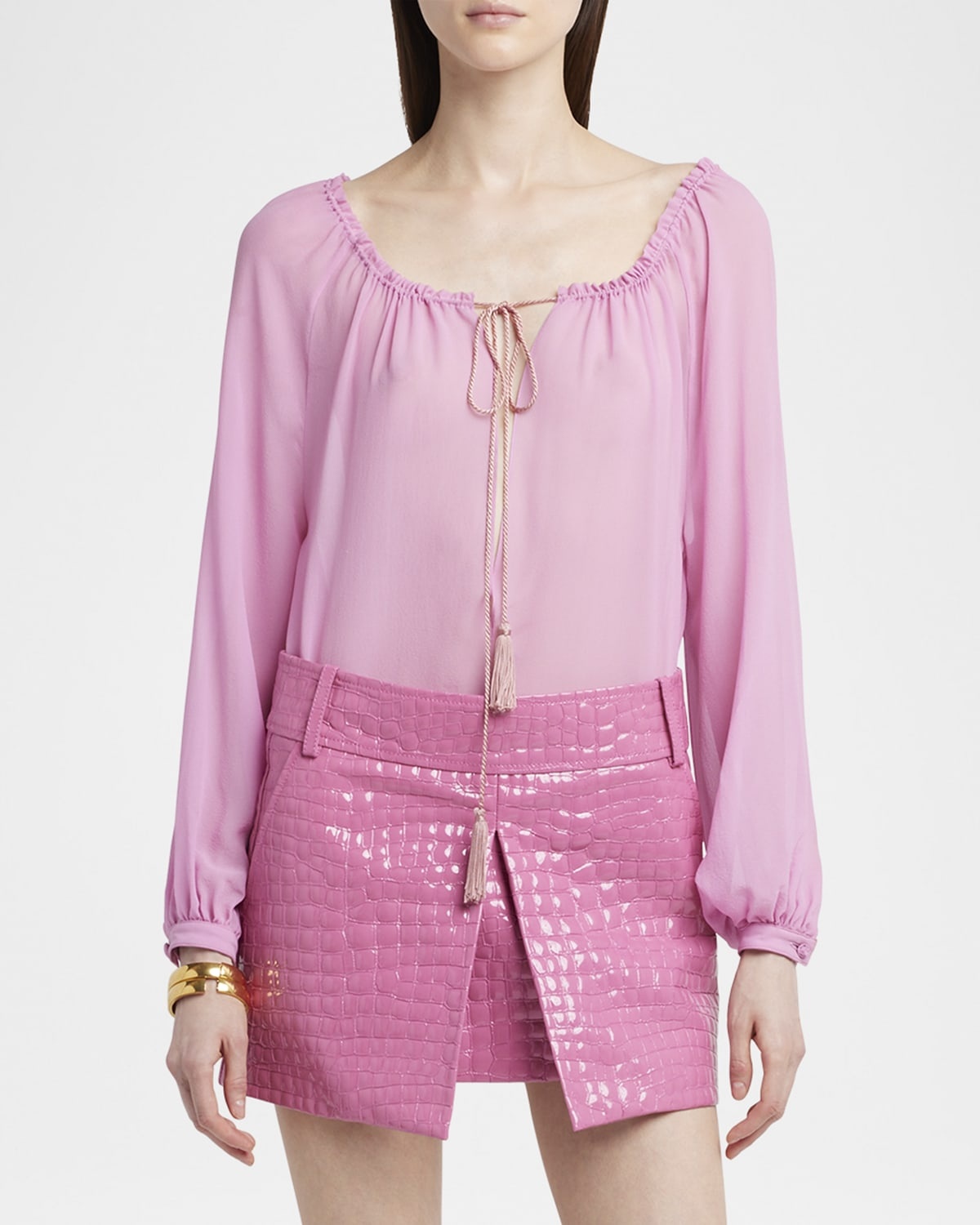 Long-Sleeve Drawstring Silk Georgette Blouse - 4