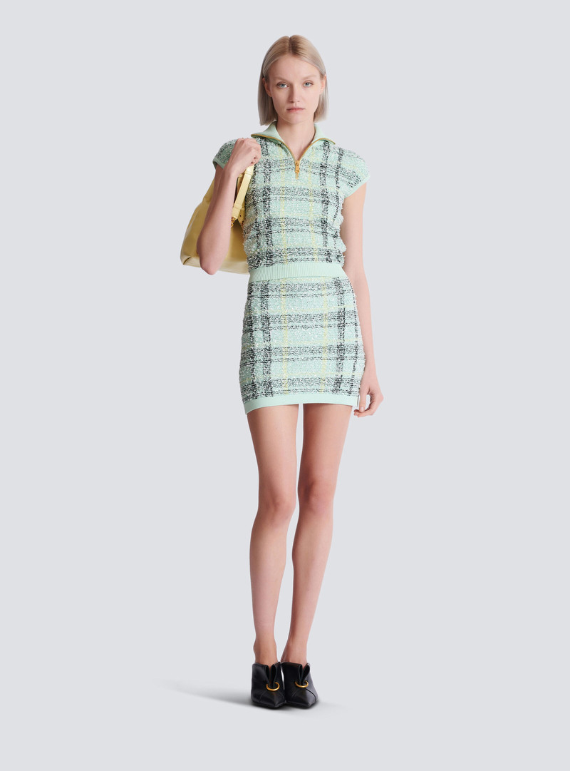Balmain Sleeveless plaid tweed top outlook