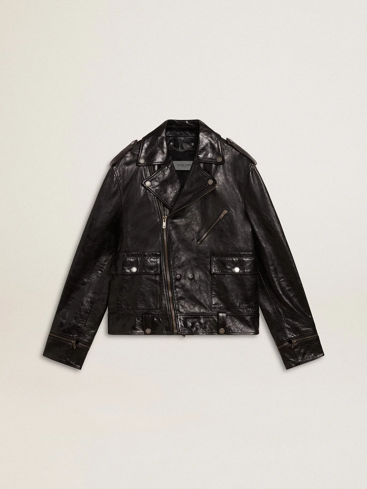 Men's black leather biker jacket with glossy effect - 1