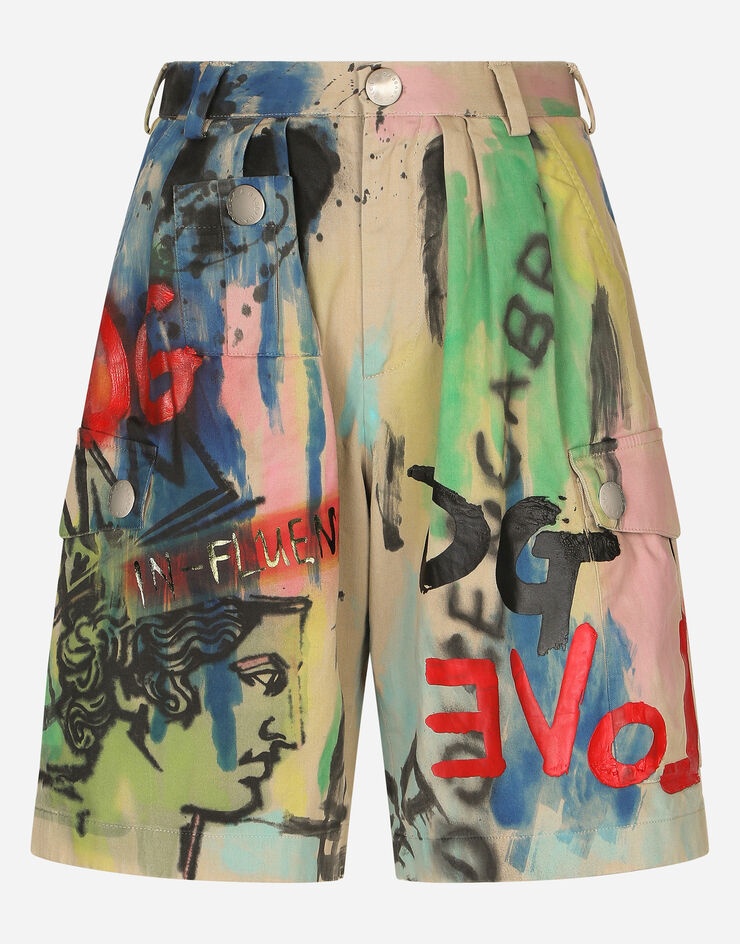 Gabardine cargo shorts with graffiti print - 3