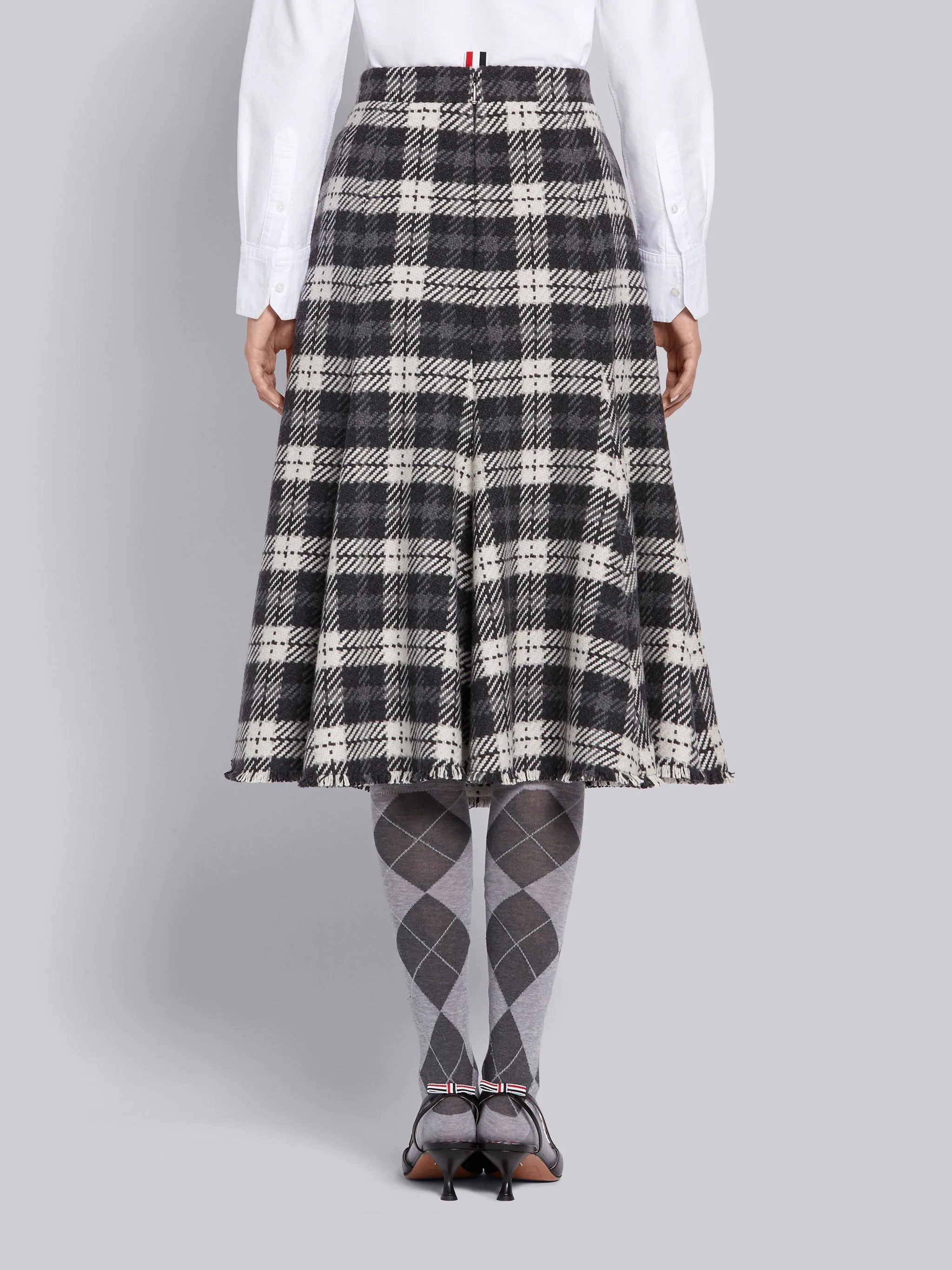 Medium Grey Cashmere Tartan Check Tweed Flounce Skirt - 3