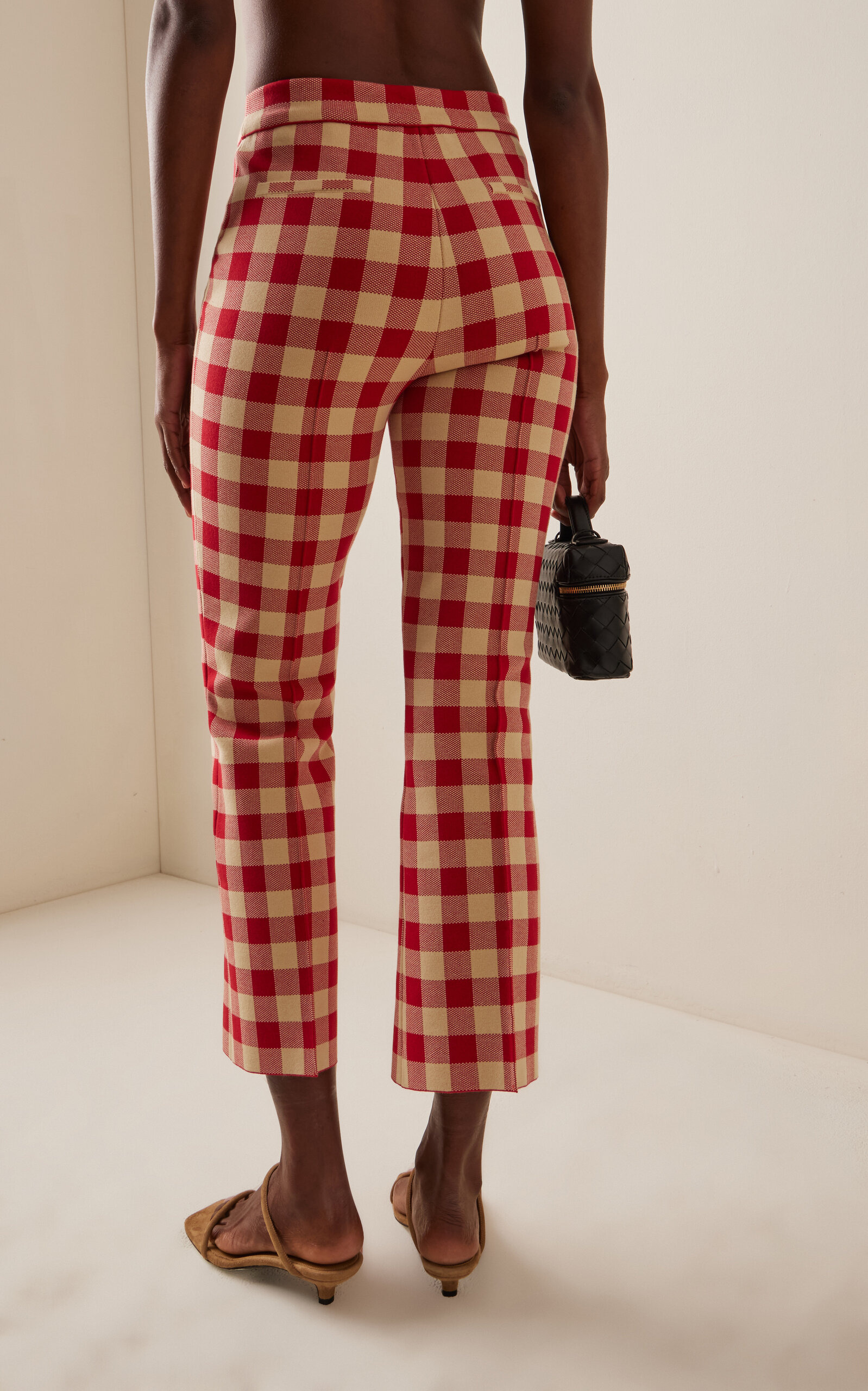 Exclusive Kick Gingham Stretch-Cotton Knit Cropped Flared Pants red - 4