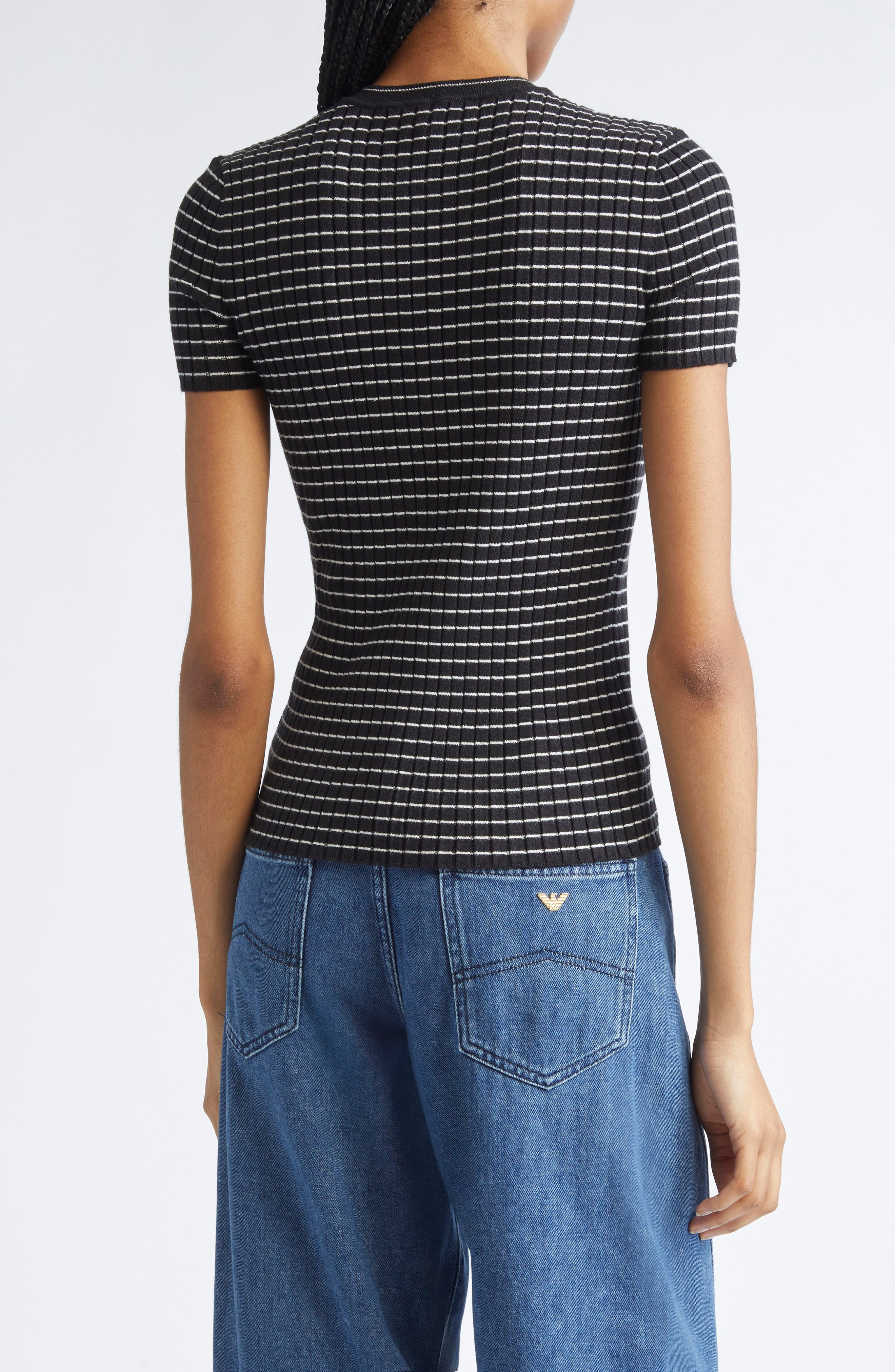 Emporio Armani Stripe Rib Crewneck Top in Solid Black at Nordstrom - 2