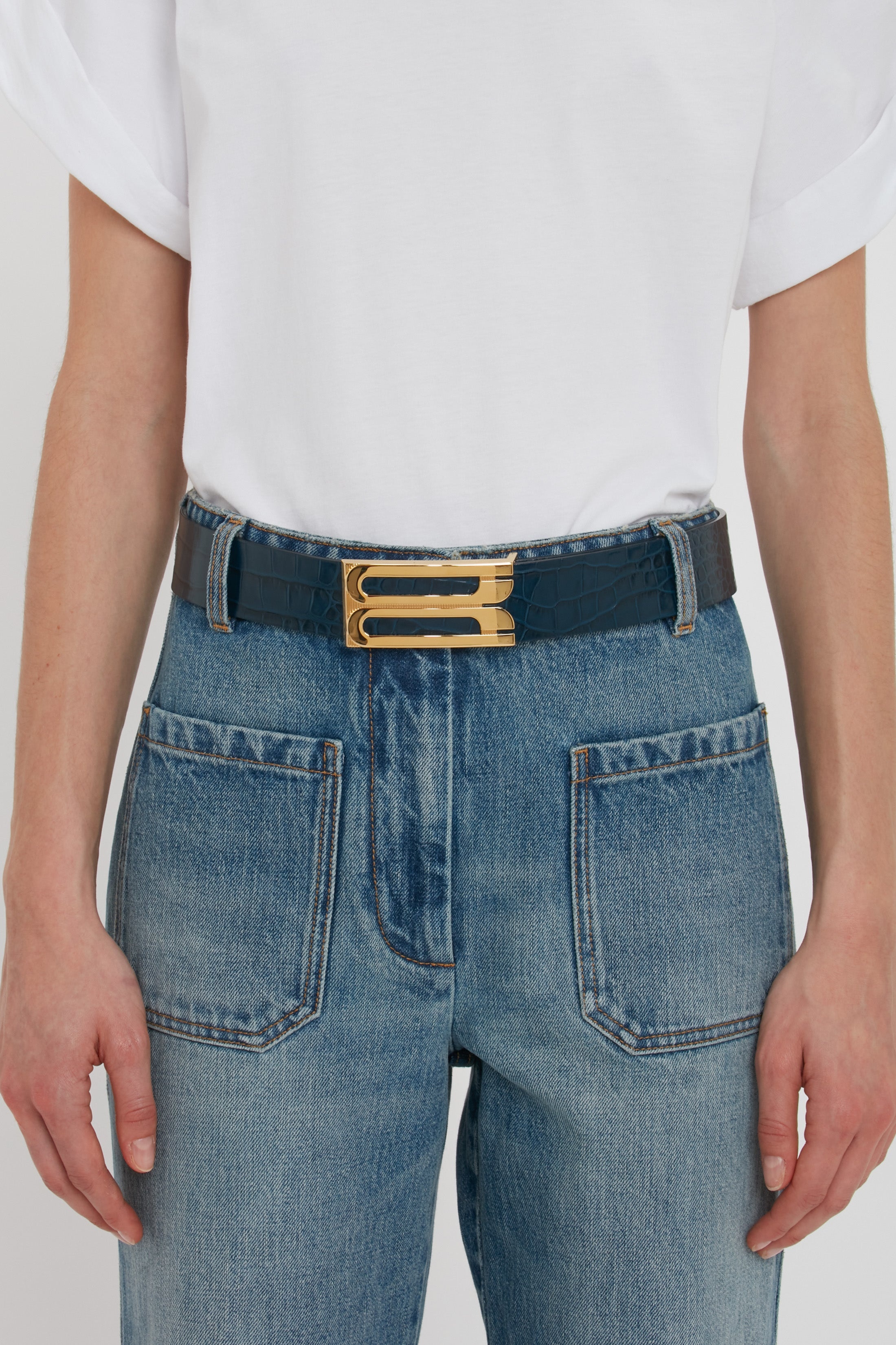 Jumbo Frame Belt In Midnight Blue Croc Embossed Calf Leather - 4