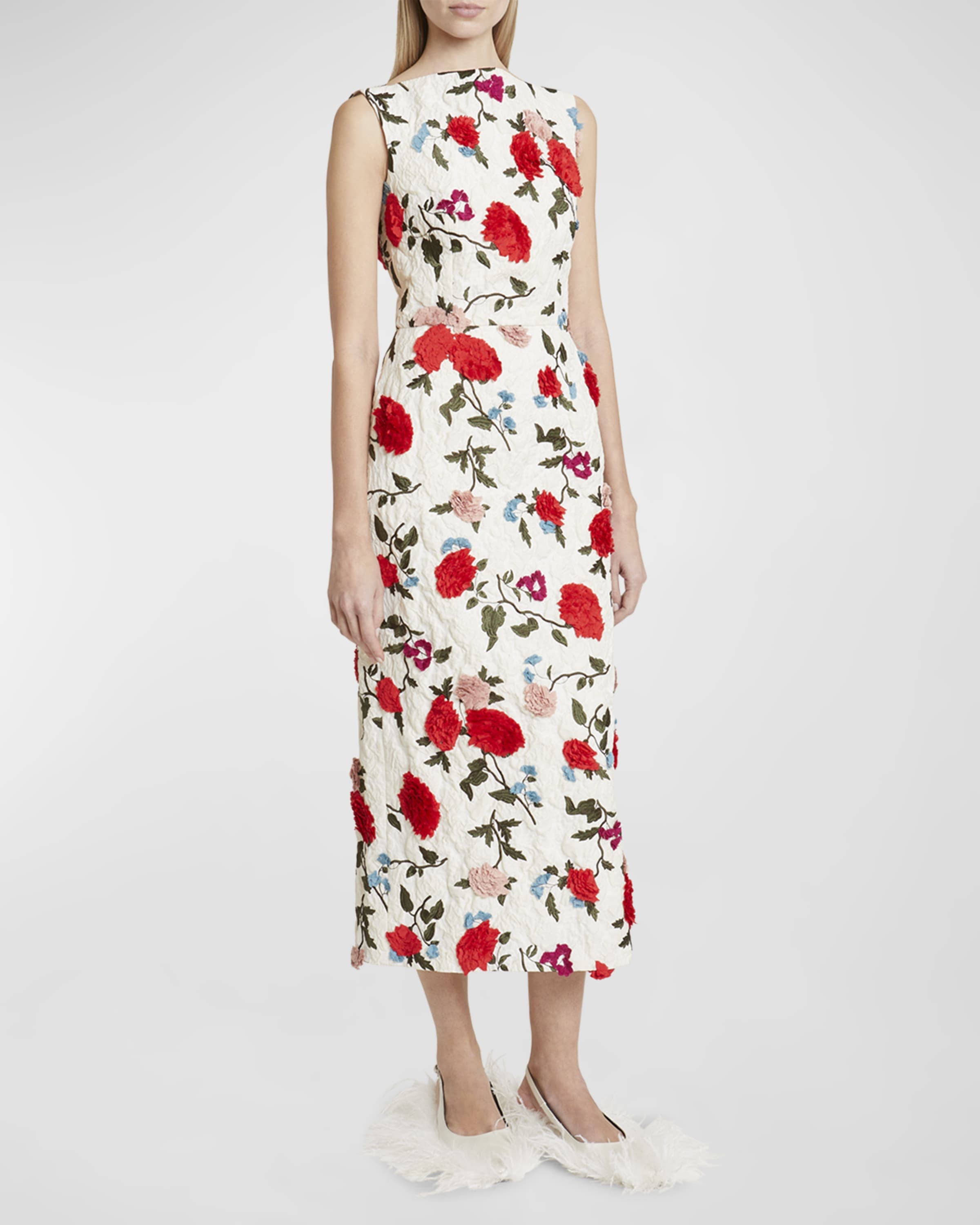 Boat-Neck Floral Embroidered Midi Dress - 2