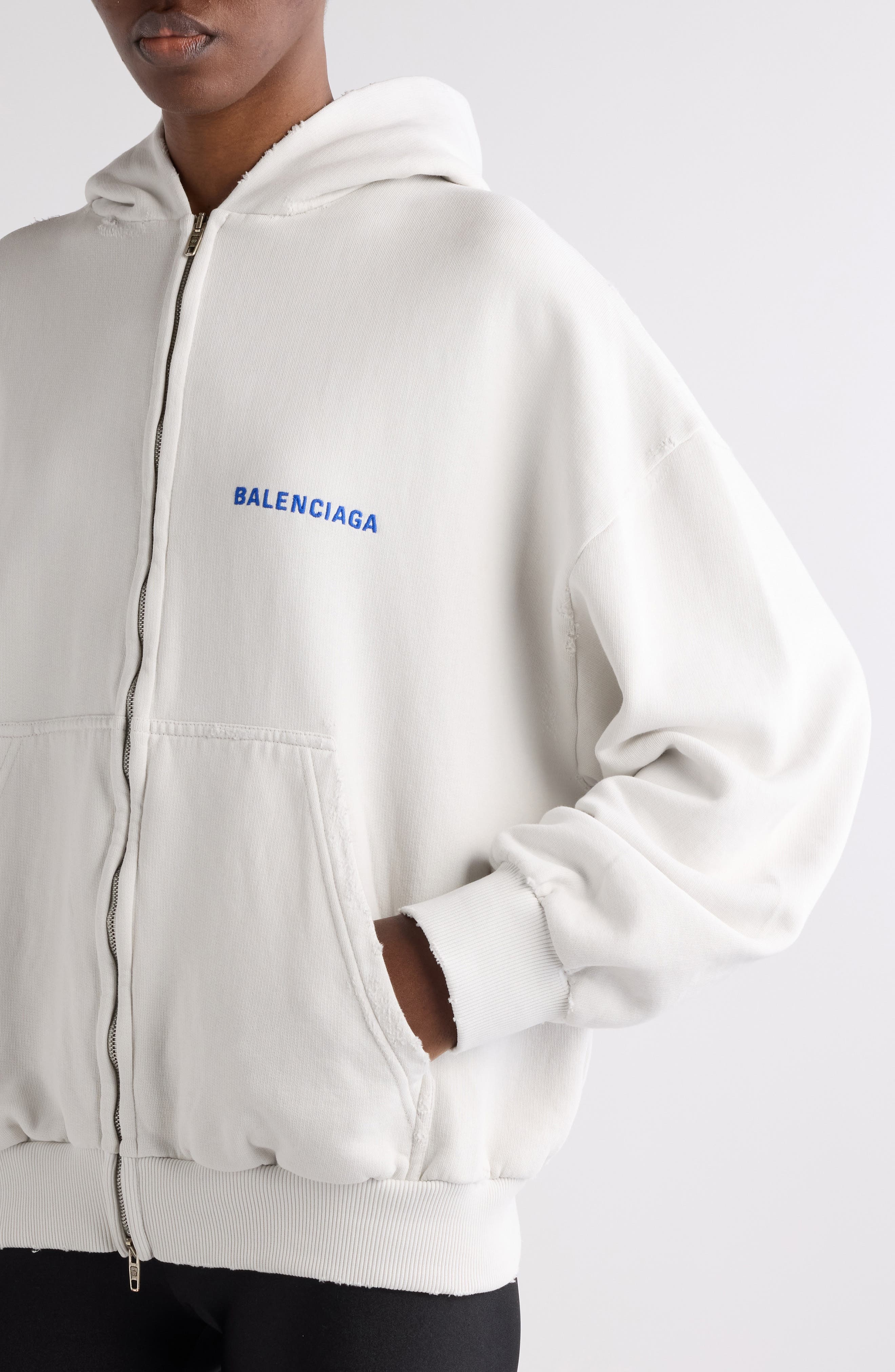 Balenciaga Logo Embroidered Distressed Dry Fleece Zip Hoodie in 8016 Dirty Wht/Sport Blue at Nordstr - 4