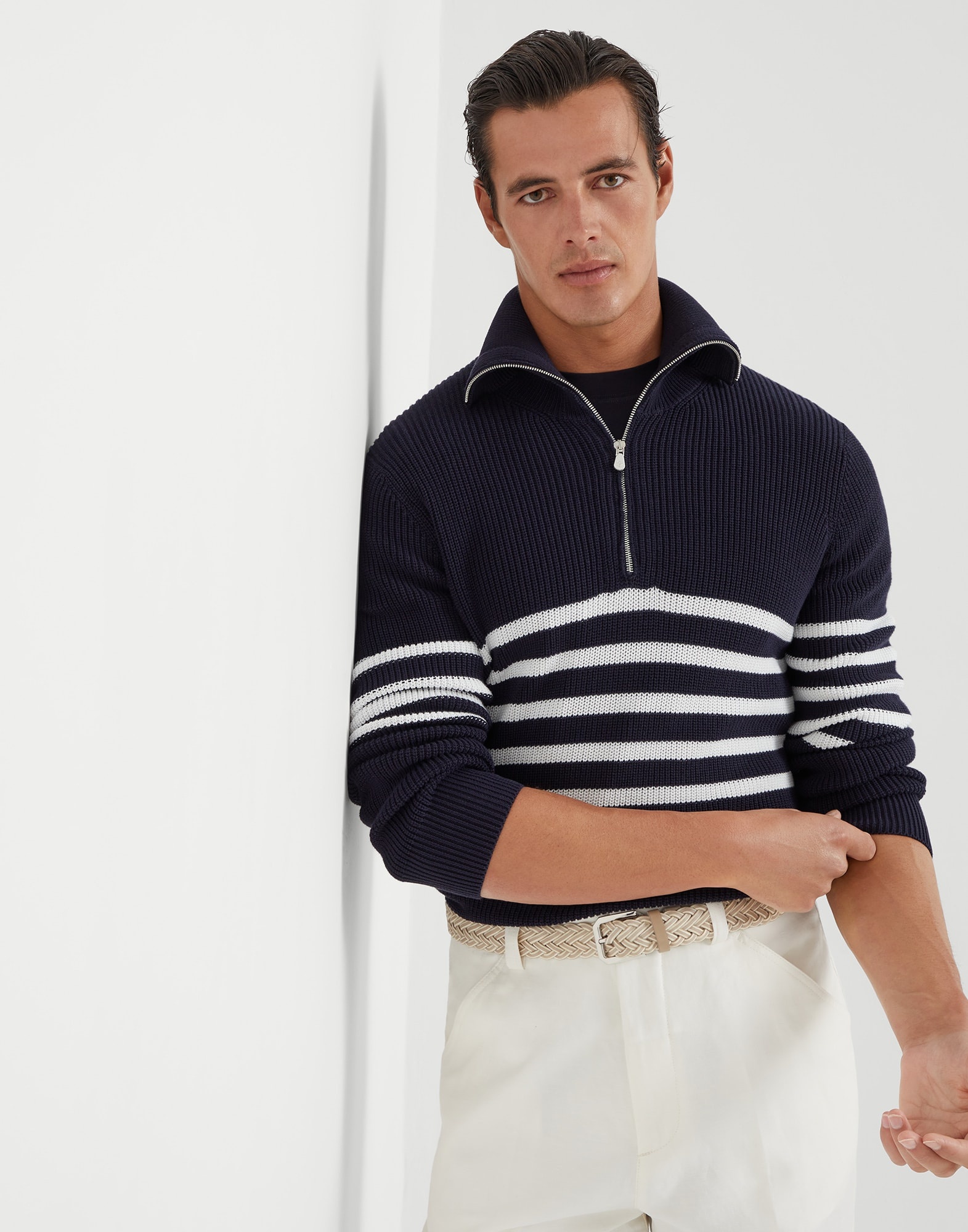 Cotton half English rib striped sweater with half-zip - 4
