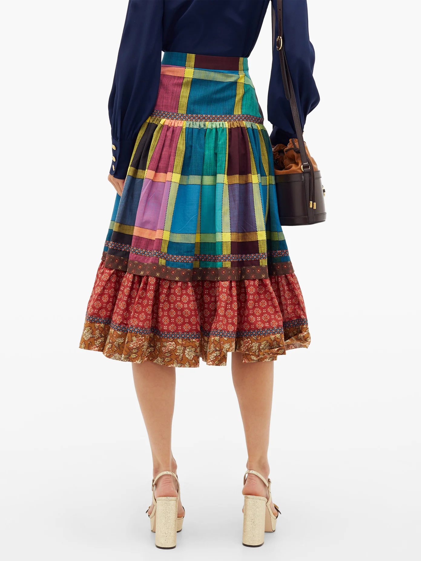 Madras-check gathered A-line cotton midi skirt - 5