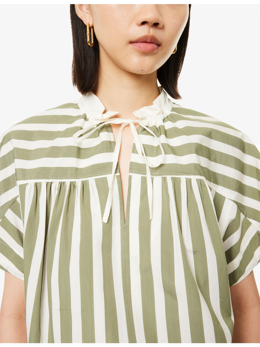 Striped Short-Sleeve Tie-Neck Cotton-Silk Top - 5