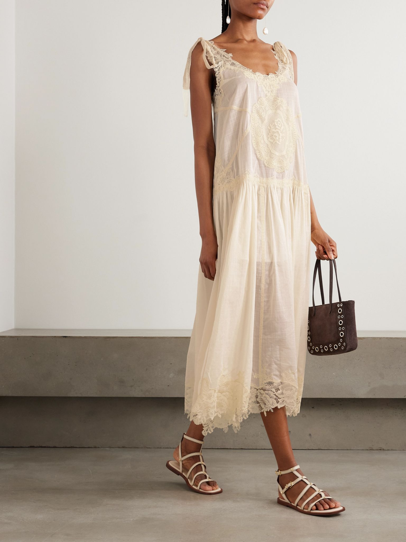 Cascadian lace-trimmed checked cotton-voile midi dress Cream - 2
