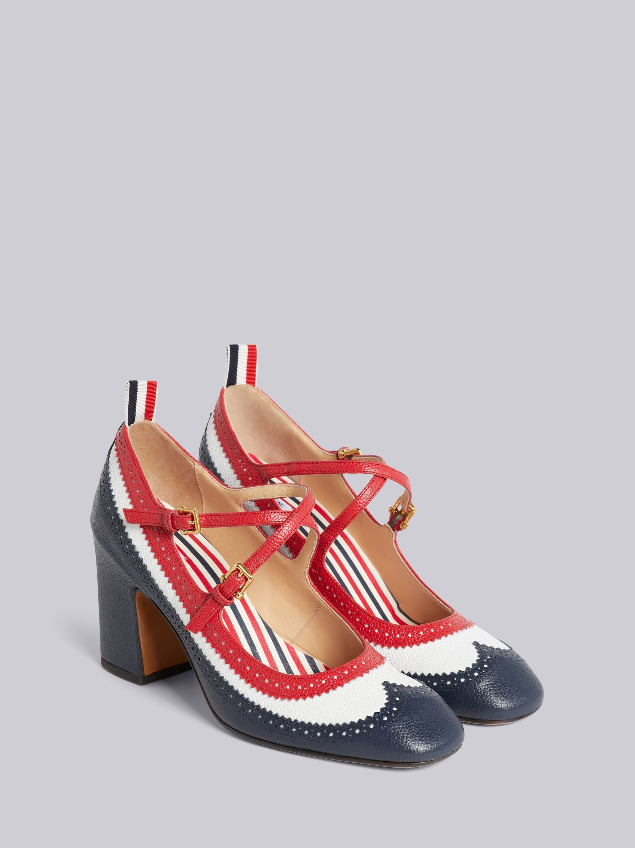 Multicolor Grain Leather Brogued 75mm Block Heel Criss Cross Mary Jane - 3