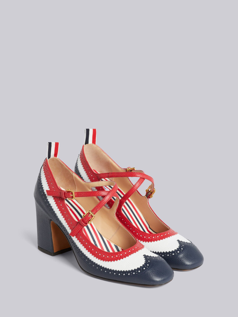 Multicolor Grain Leather Brogued 75mm Block Heel Criss Cross Mary Jane 3