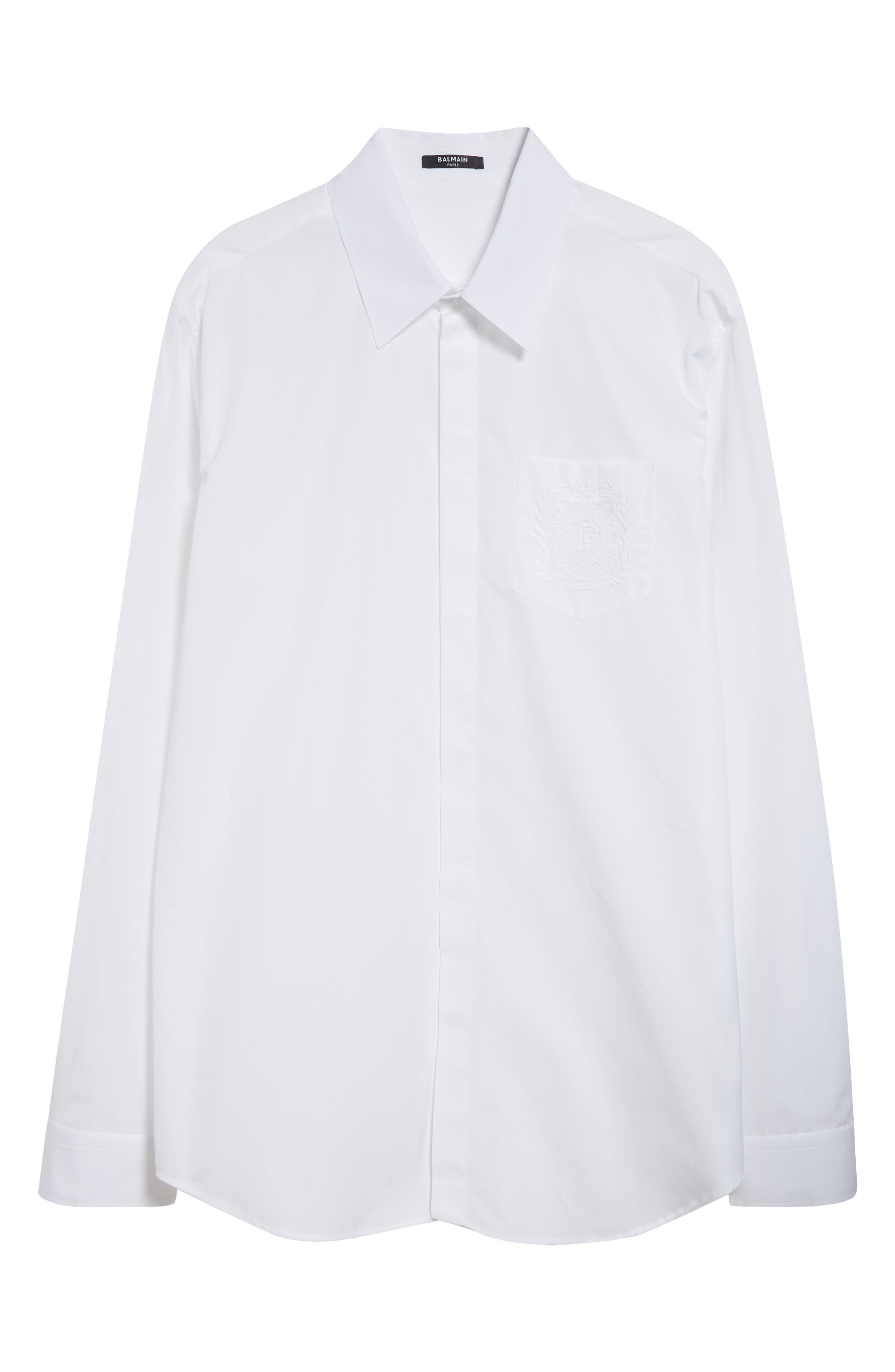 Balmain Embroidered Emblem Cotton Poplin Button-Up Shirt in 0Fb Optical White at Nordstrom - 5