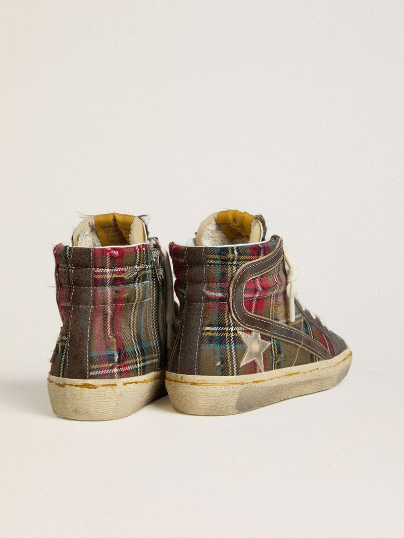 Women's Slide in red tartan with silver nappa leather star and black suede flash 4