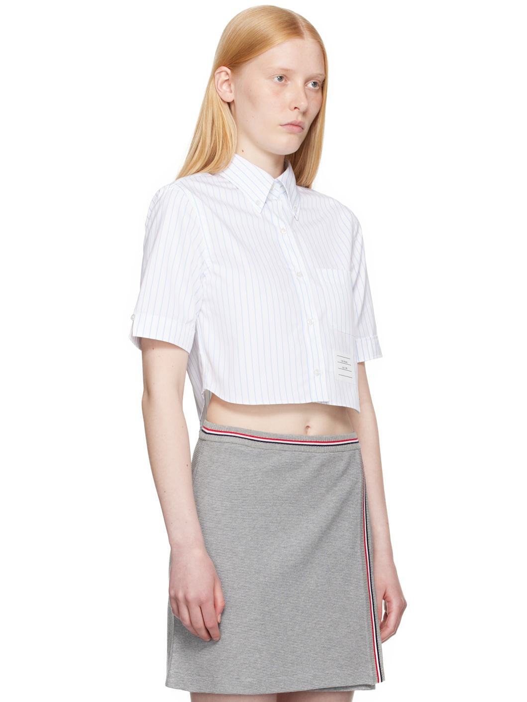 White Pinstripe Poplin Cropped Short Sleeve Shirt - 2
