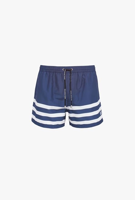 Navy blue swimsuit with Balmain logo print white stripes - 1