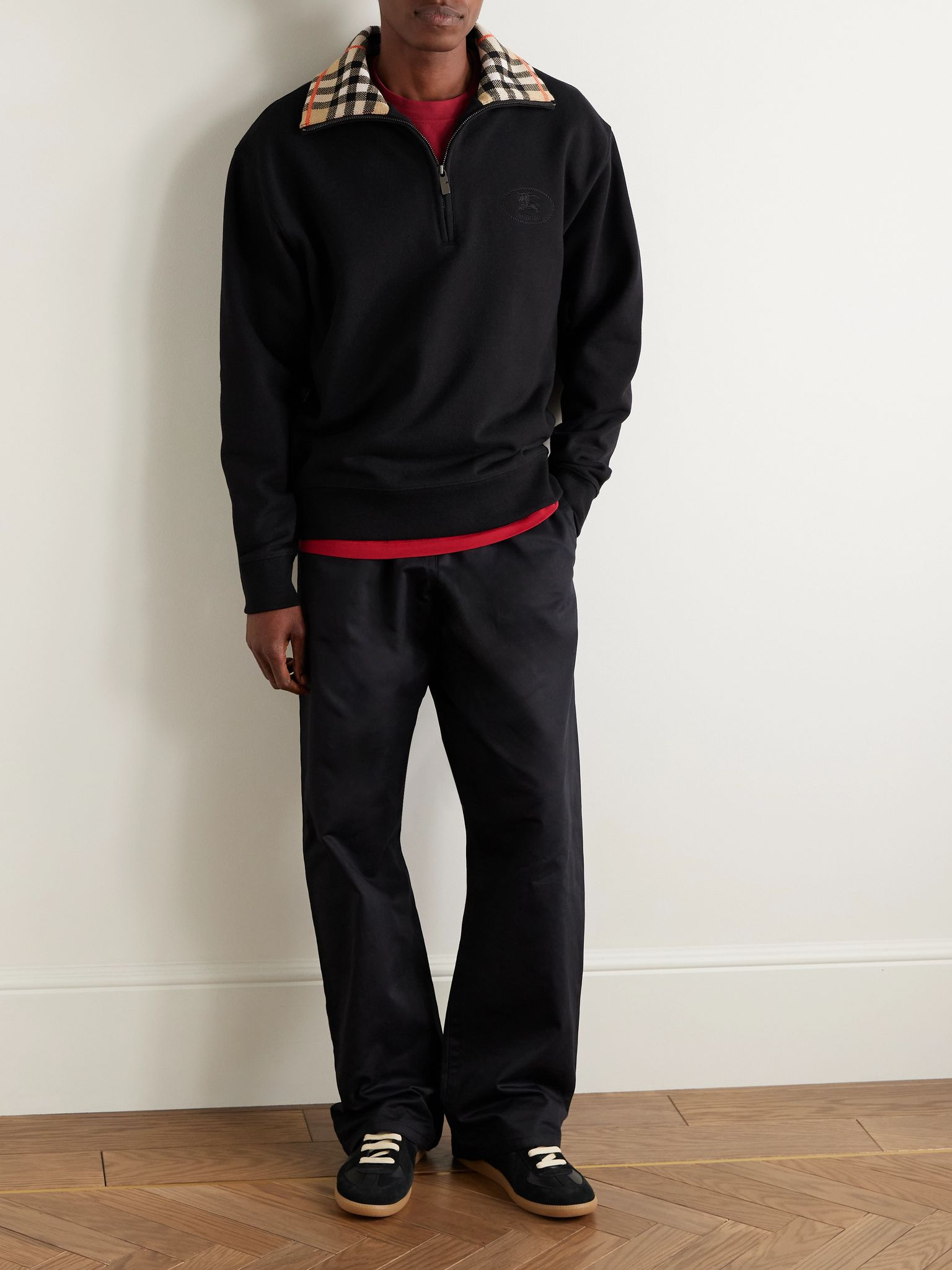 Jacquard-Knit Trimmed Logo-Embroidered Cotton-Jersey Half-Zip Polo Shirt Black - 2