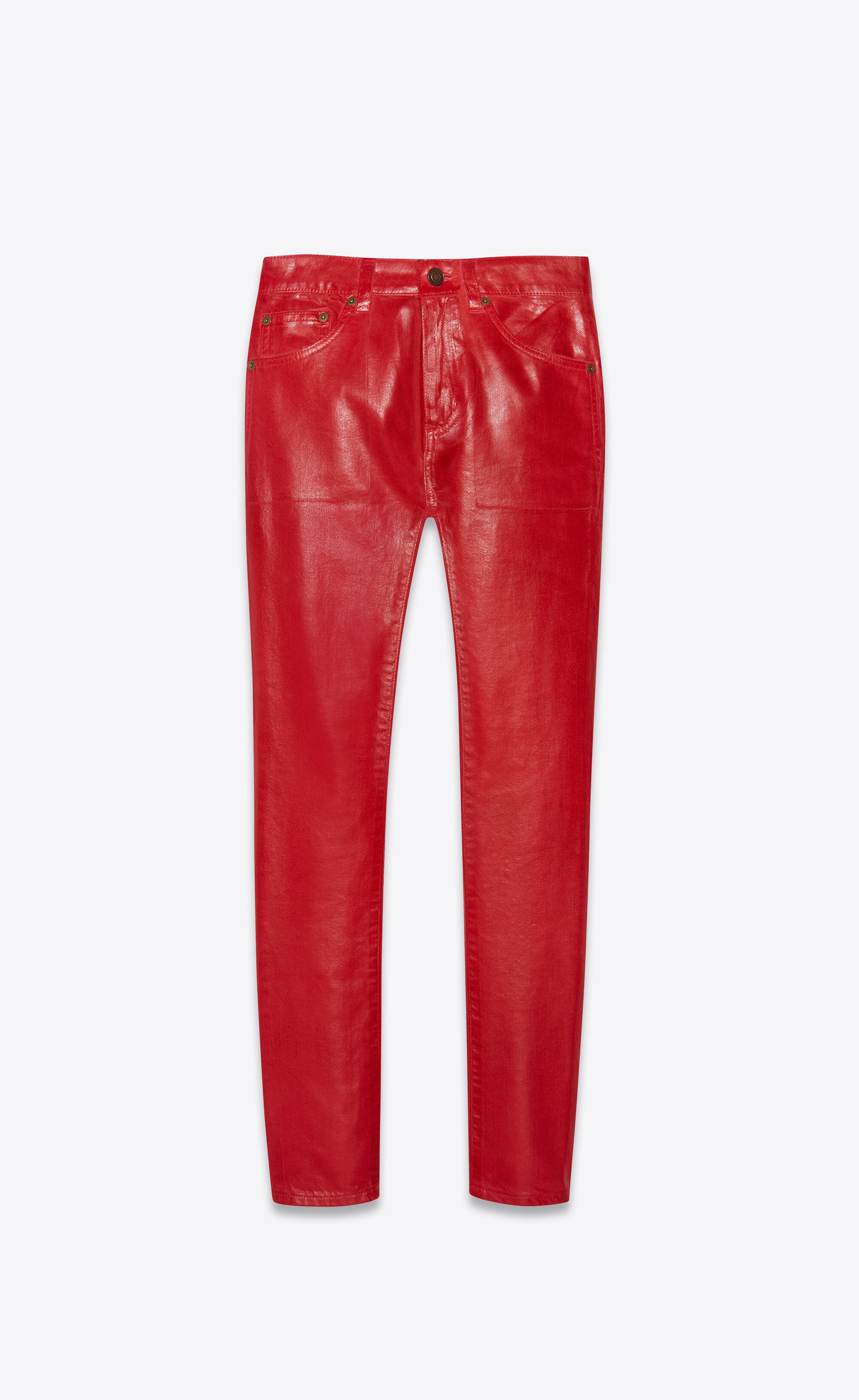 skinny jeans in shiny red vinyl denim - 1