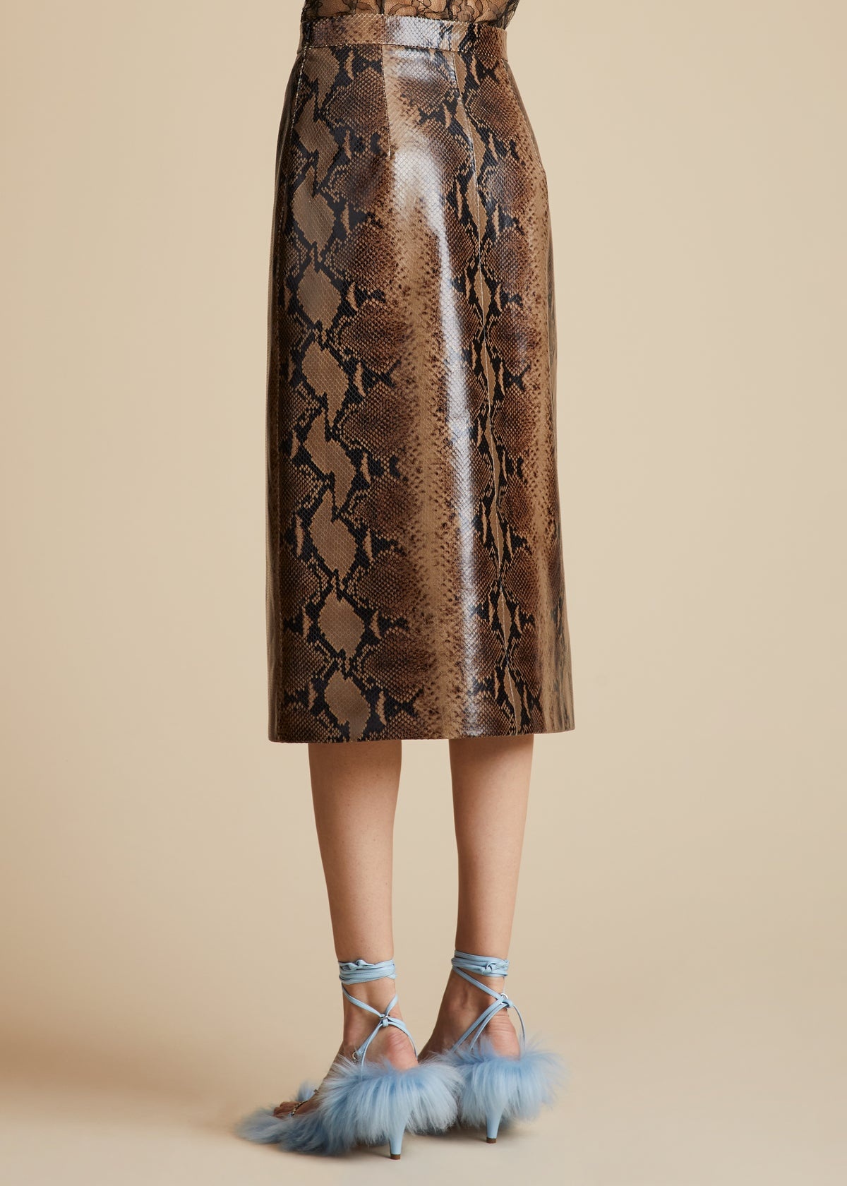 The Fraser Skirt in Brown Python-Embossed Leather - 3