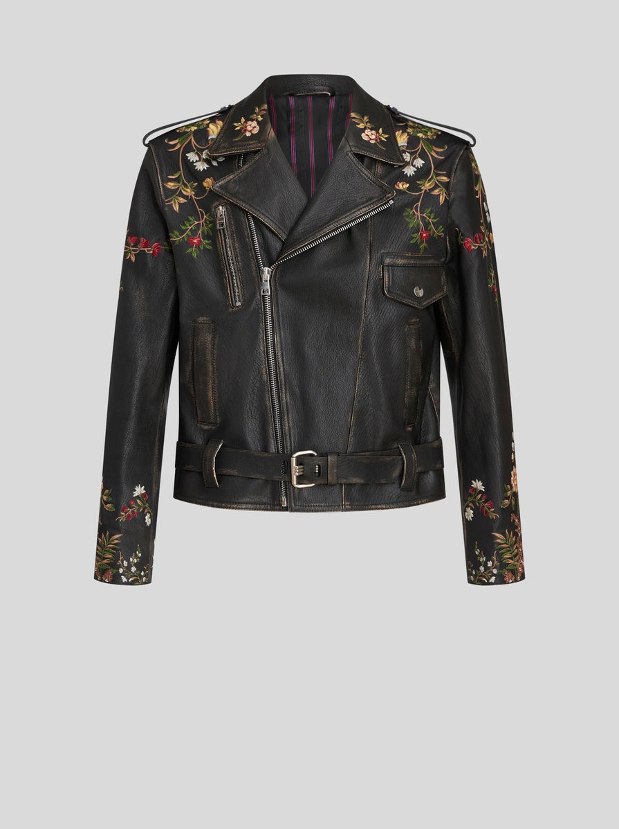 LEATHER BIKER JACKET WITH EMBROIDERY - 1