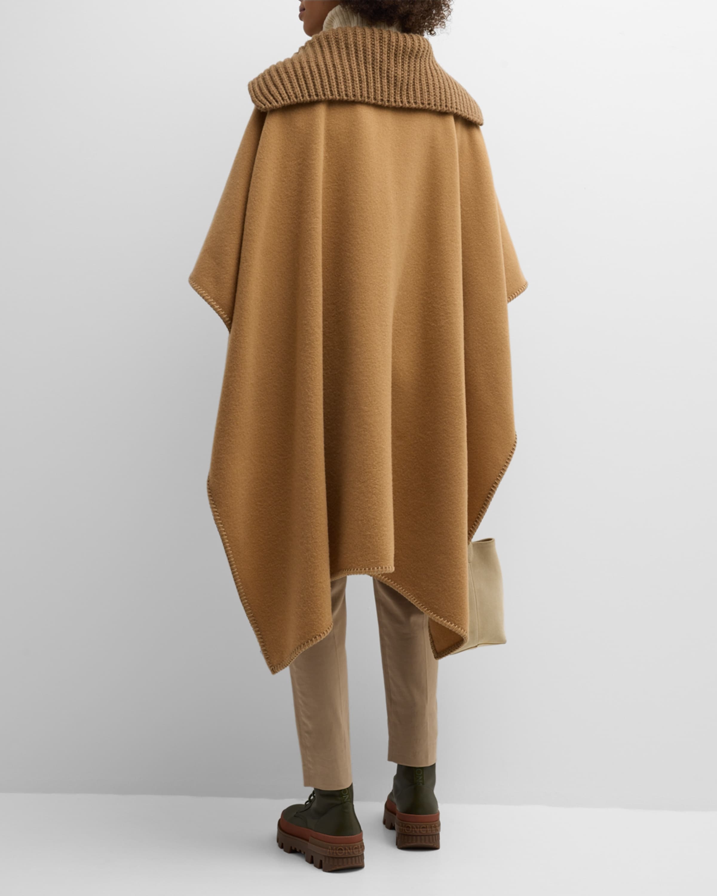 Wool Long Cape with Knit Collar - 4