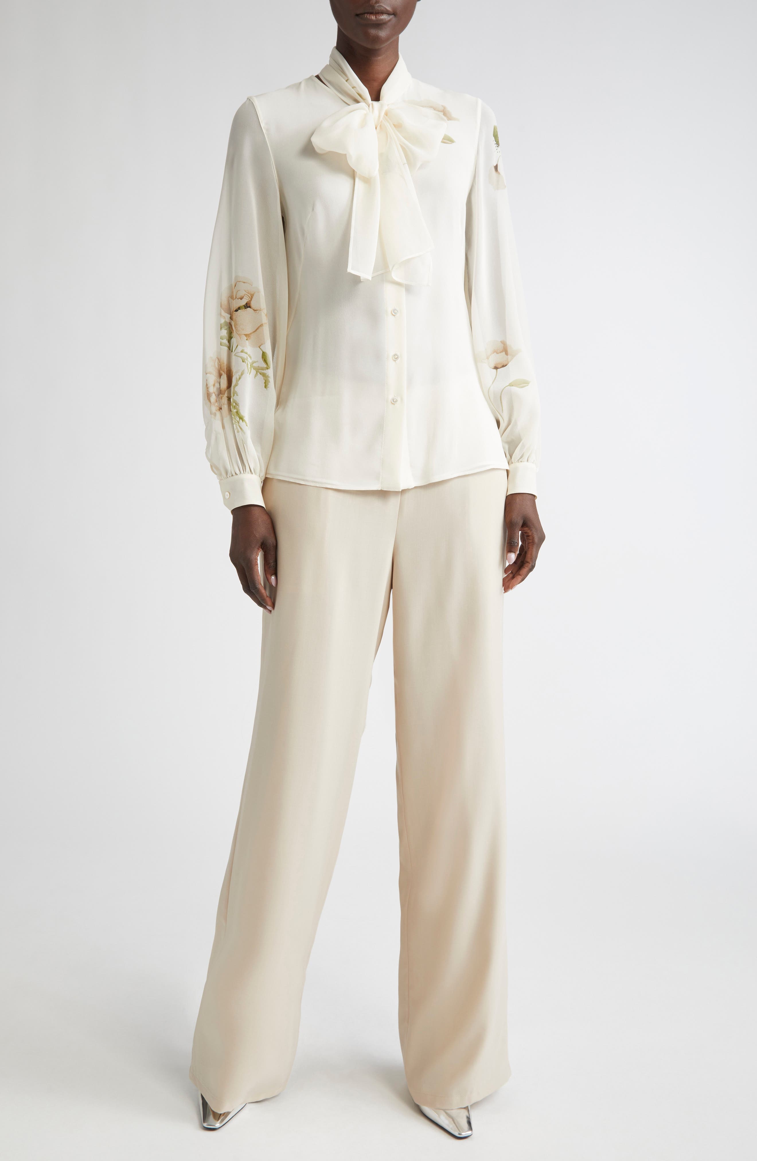 Akris Anemone Print Silk Georgette Tie Neck Shirt in Greige-Ecru at Nordstrom - 2