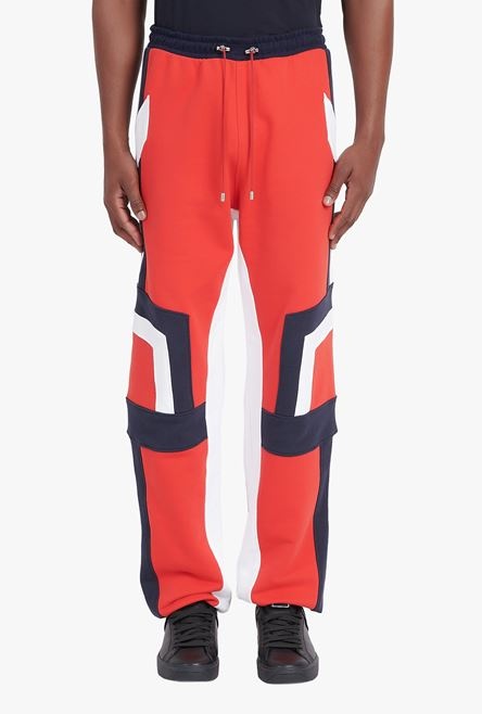 Red, navy blue and white eco-designed cotton sweatpants with embossed Balmain logo - 5