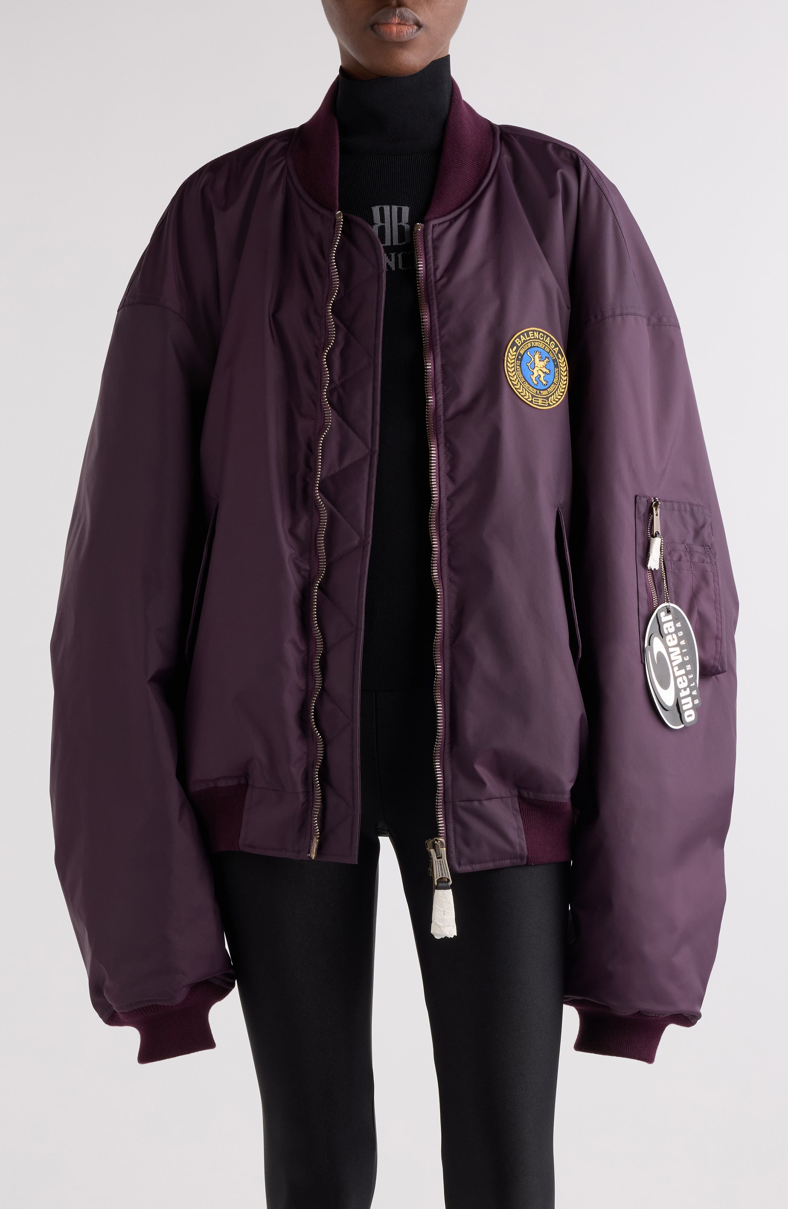 Balenciaga Logo Patch Oversize Nylon Bomber Jacket in 5441 New Aubergine at Nordstrom - 1