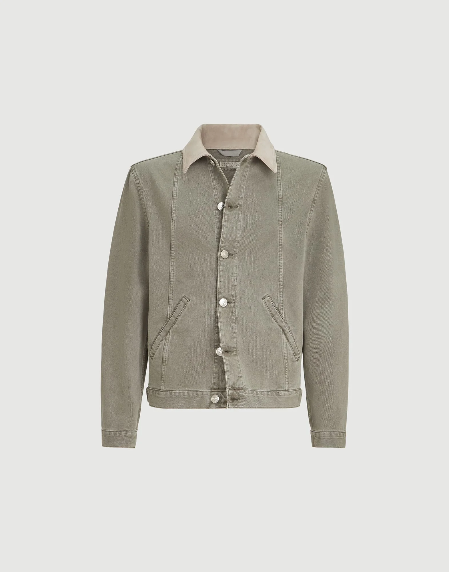 Garment-dyed outerwear jacket in denim with leather collar - 1
