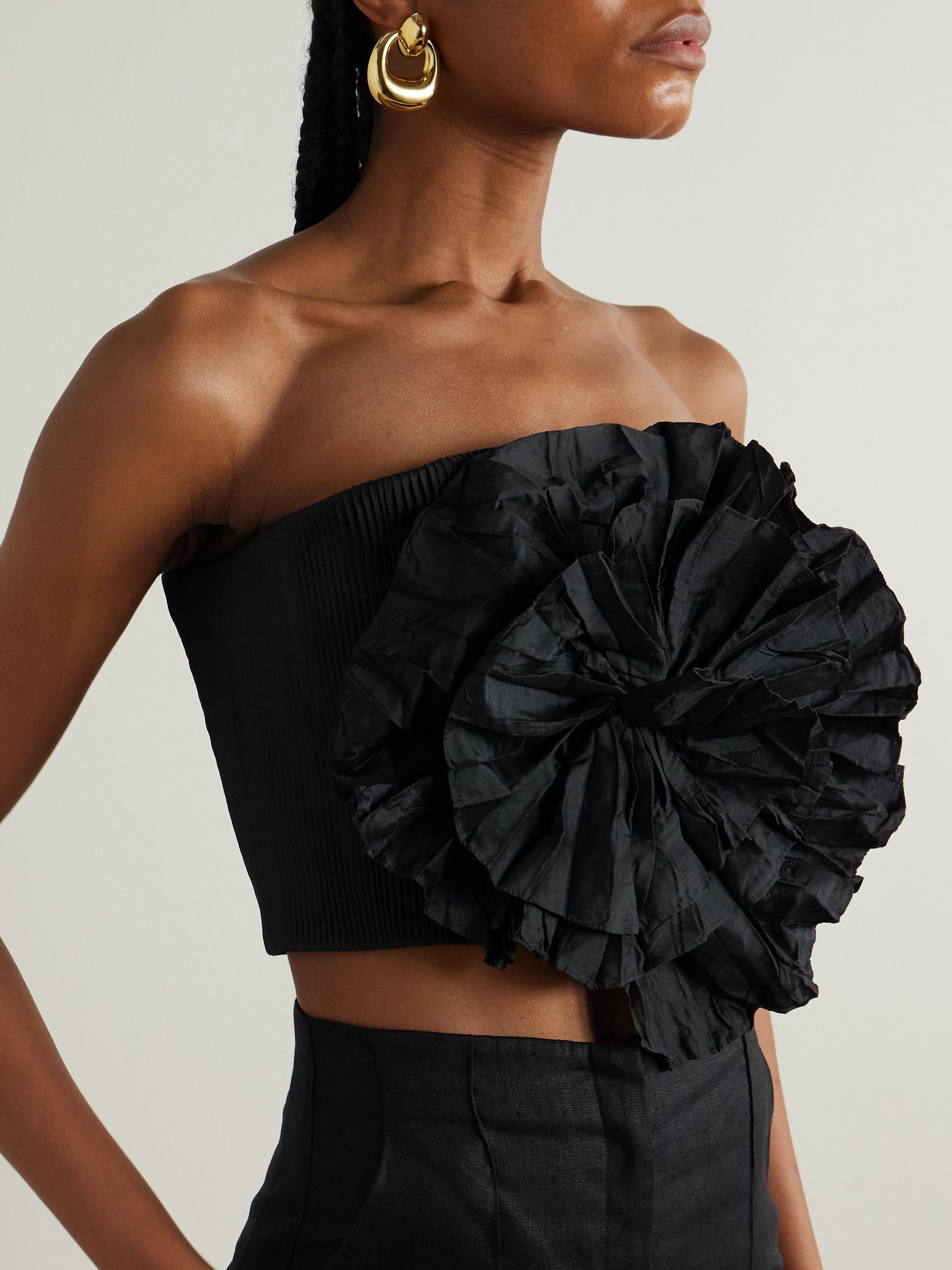No Me Olvides appliquéd pleated taffeta top Black - 3