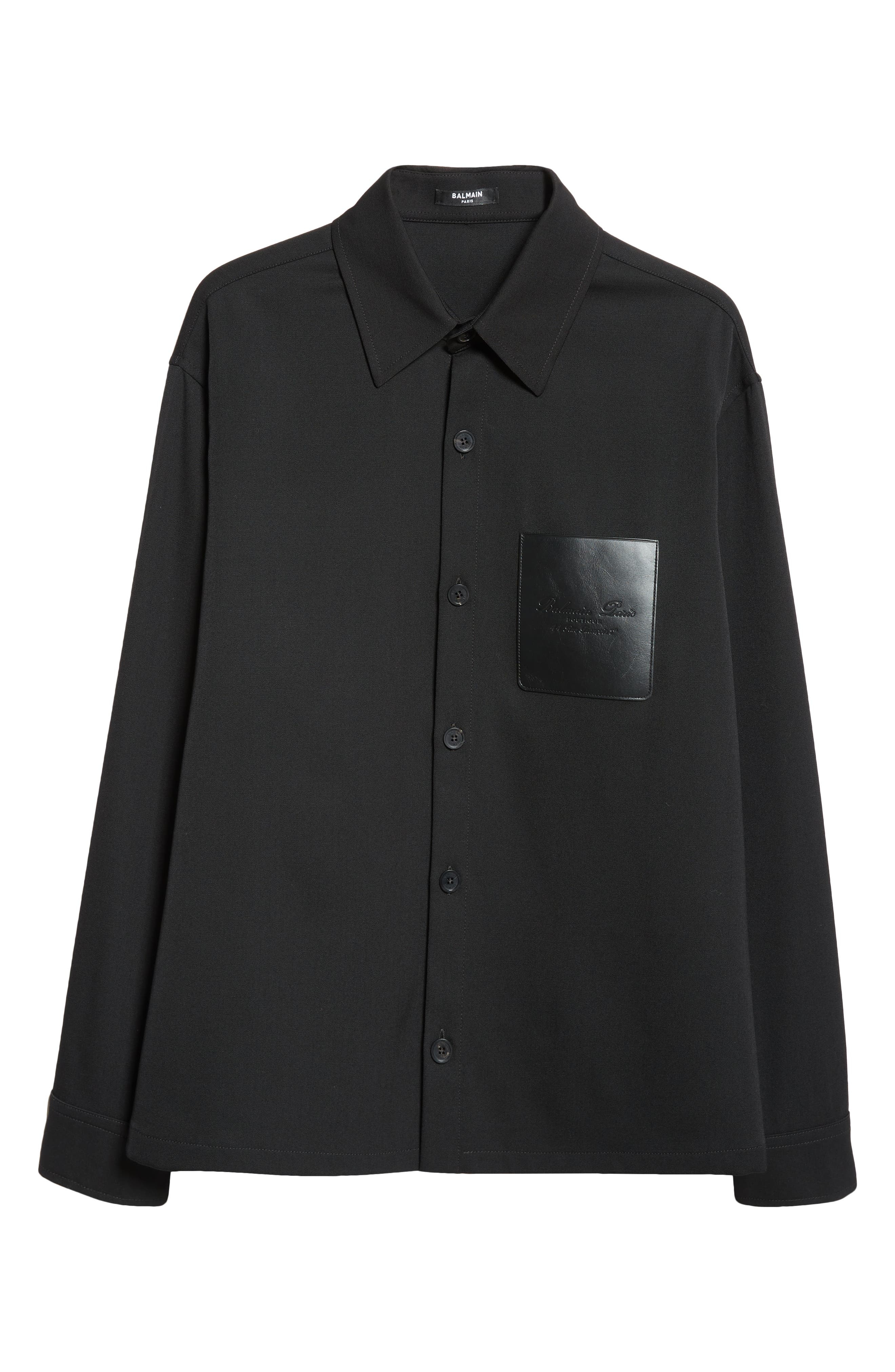 Balmain Couture Label Grain de Poudre Button-Up Overshirt in 0Pa Black at Nordstrom - 5
