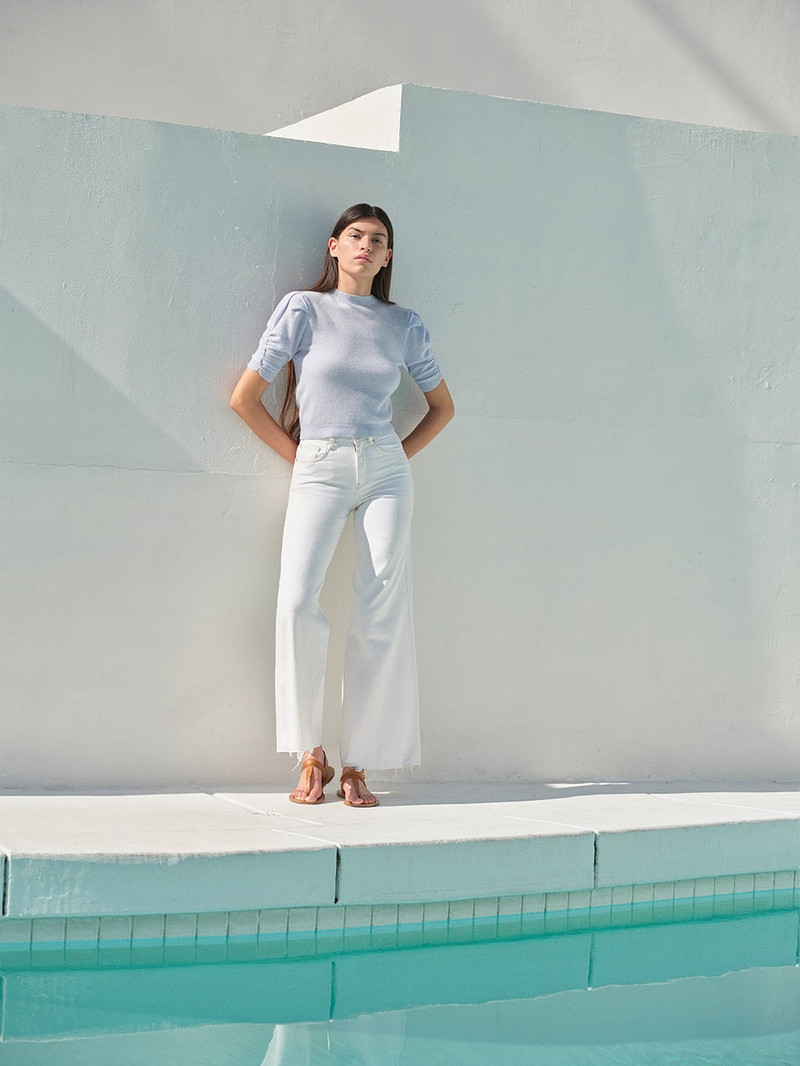 FRAME Ruched Sleeve Cashmere Sweater in Light Blue outlook