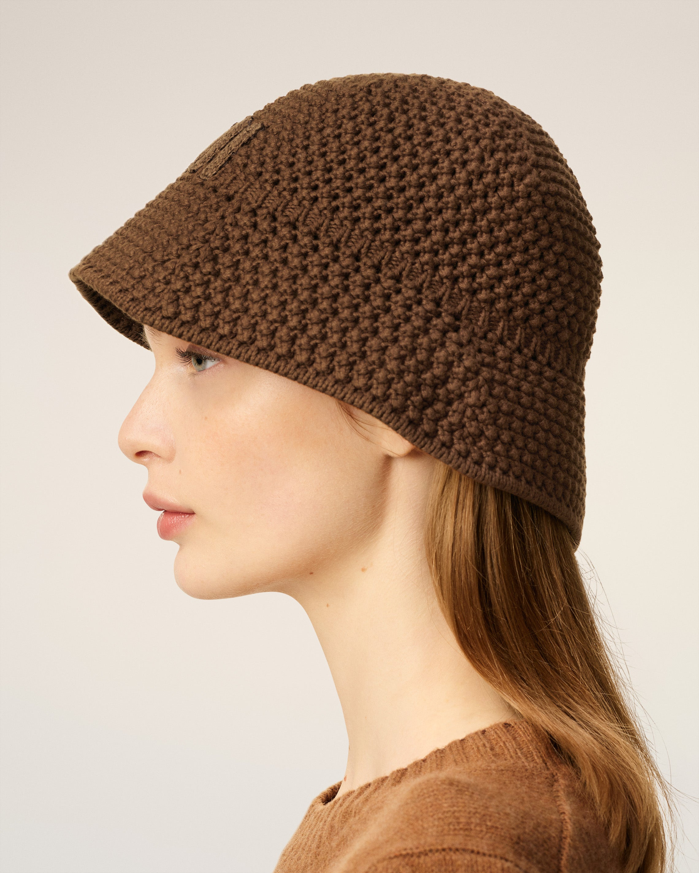 BROWN COTTON KNITTED AMI PATCH BUCKET HAT - 2