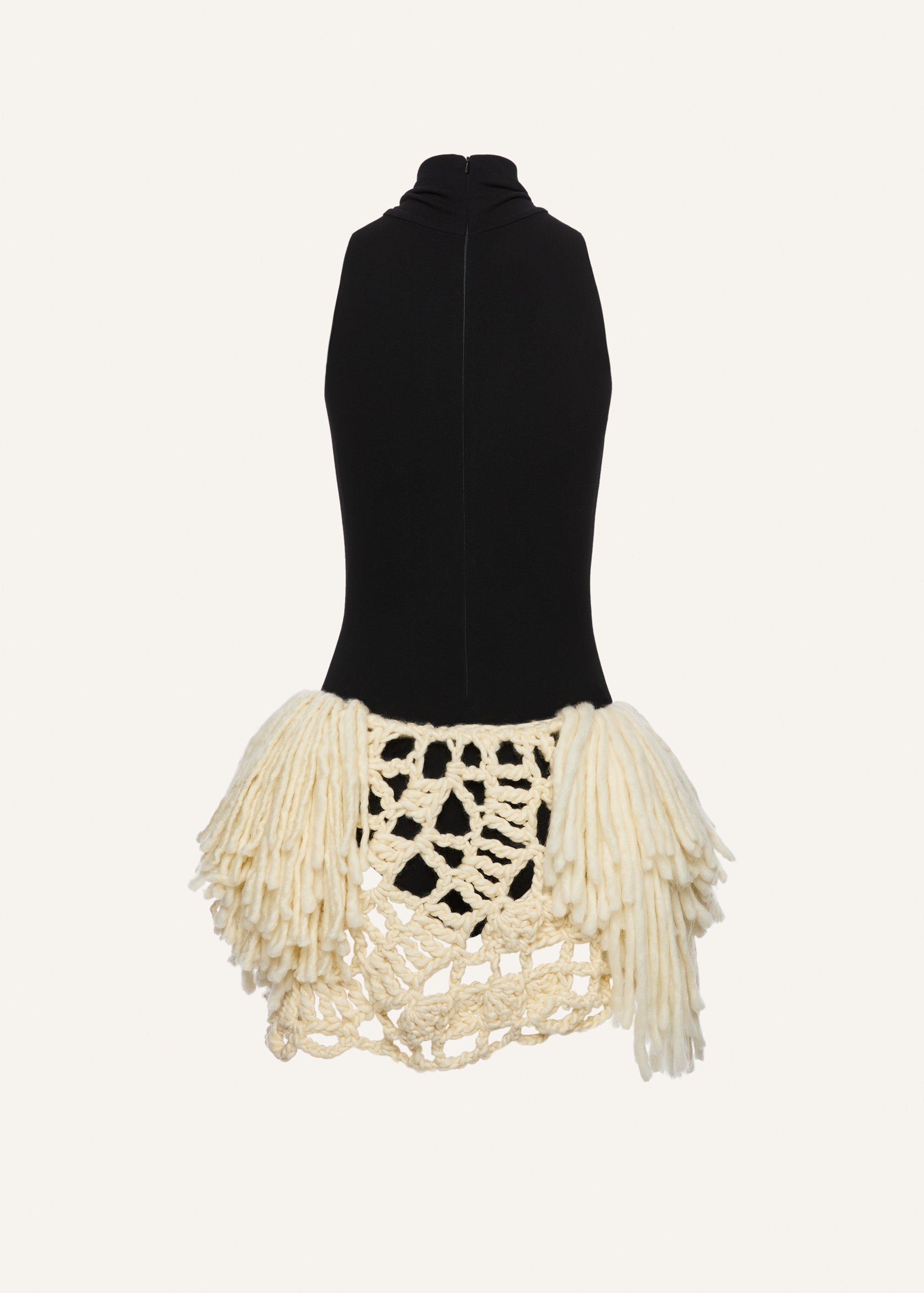 Hand-crocheted fringe dress in black and cream - 2