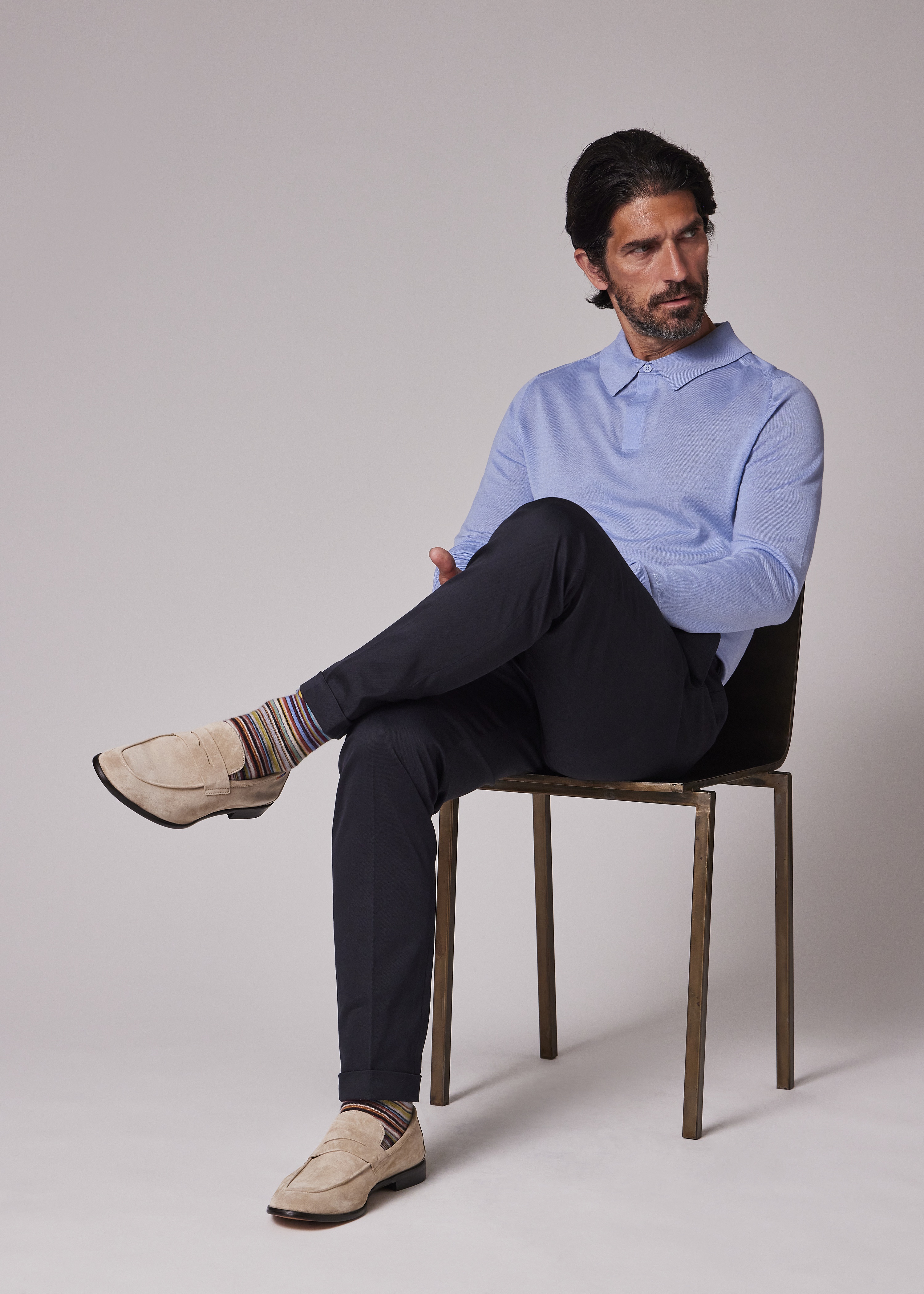 Light Blue Navy Merino Wool Knitted Long-Sleeve Polo Shirt - 5