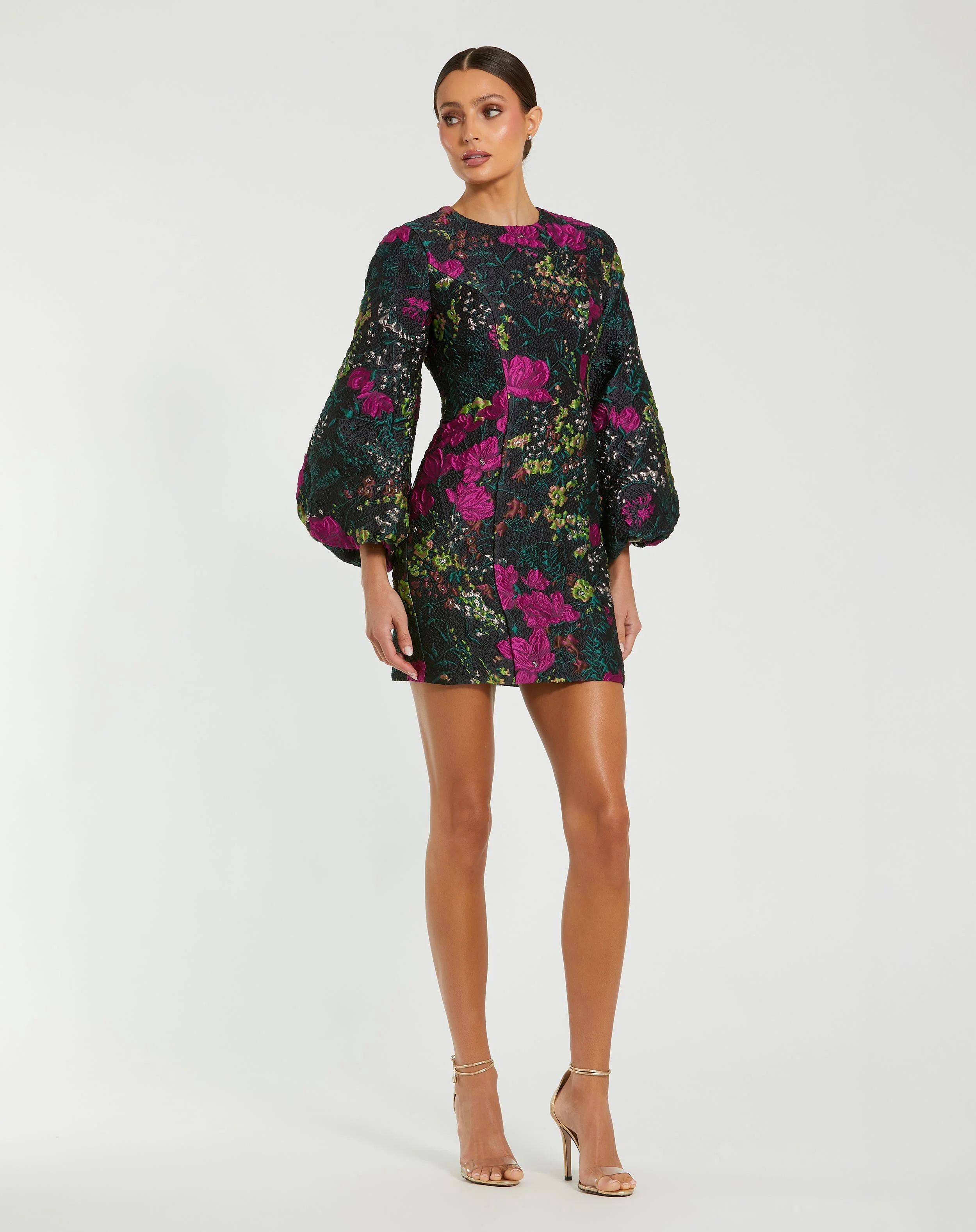 Black Floral Brocade Puff Sleeve Fitted Mini Dress - 1