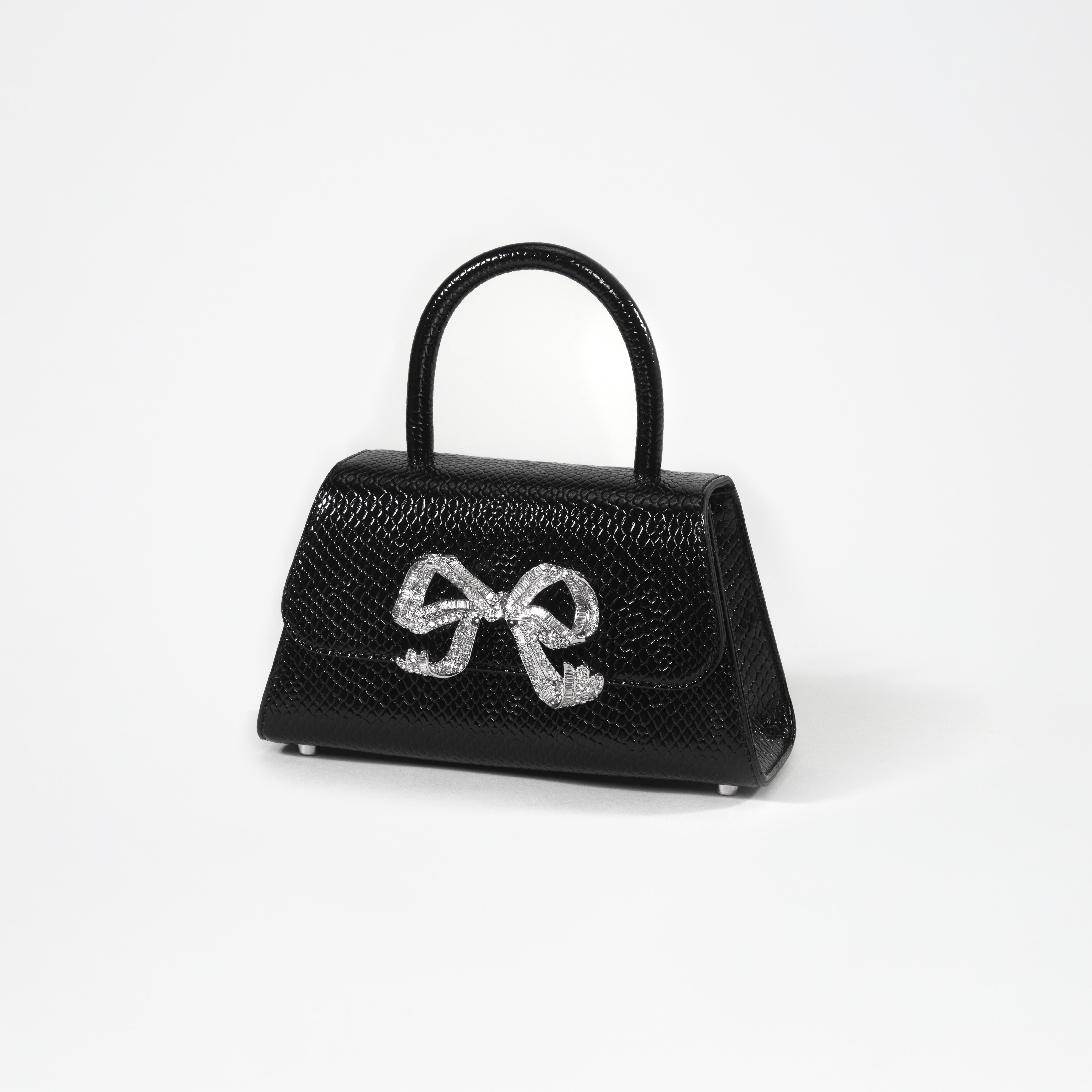 Black Python Diamante Bow Mini Bag - 2