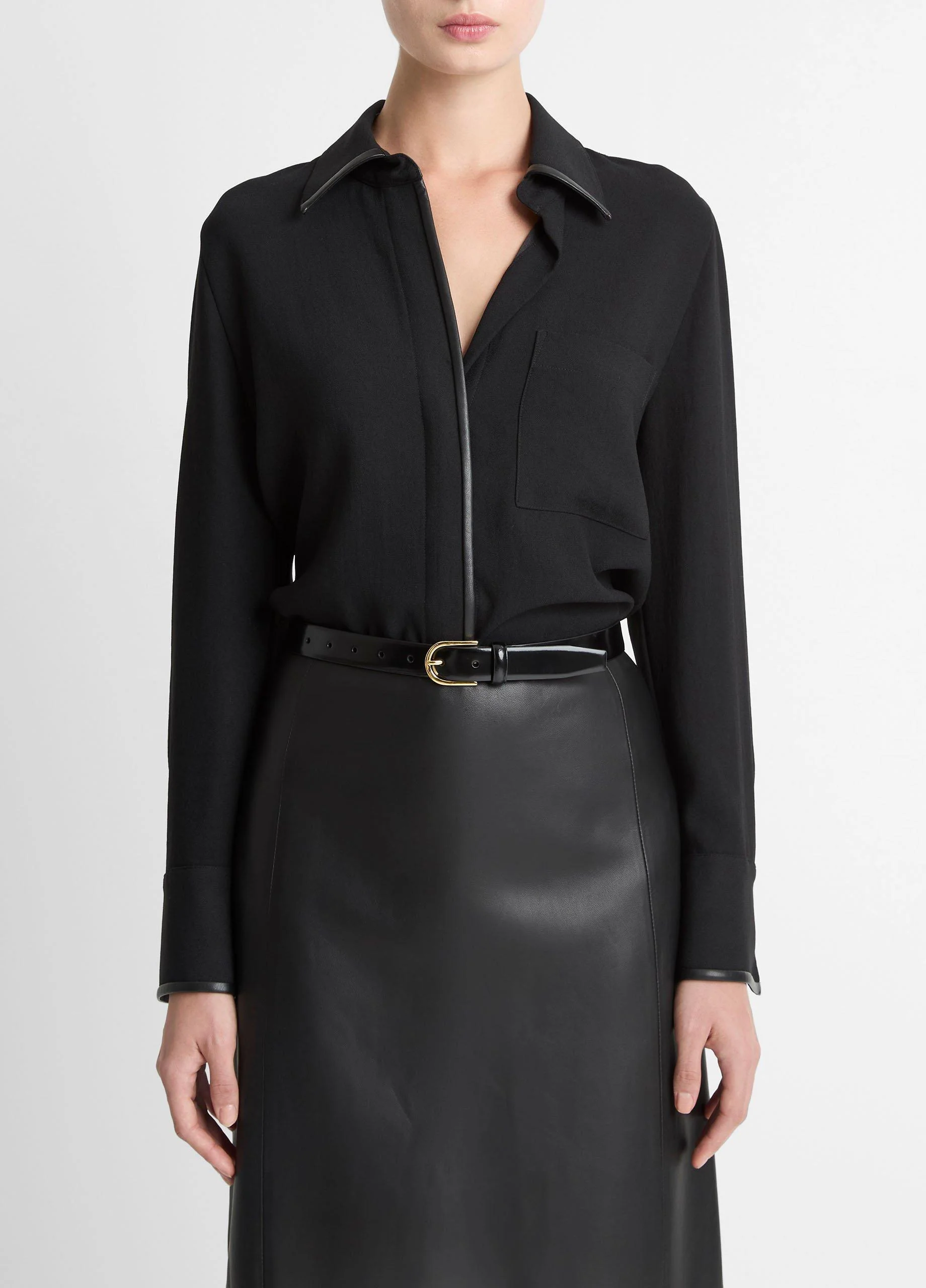 Faux-Leather-Trim Crepe Button-Front Shirt - 1