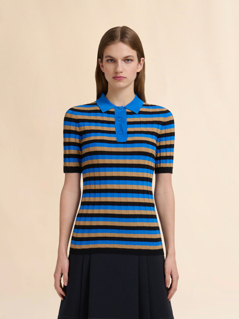 BROWN AND BLUE STRIPED WOOL POLO SHIRT - 2
