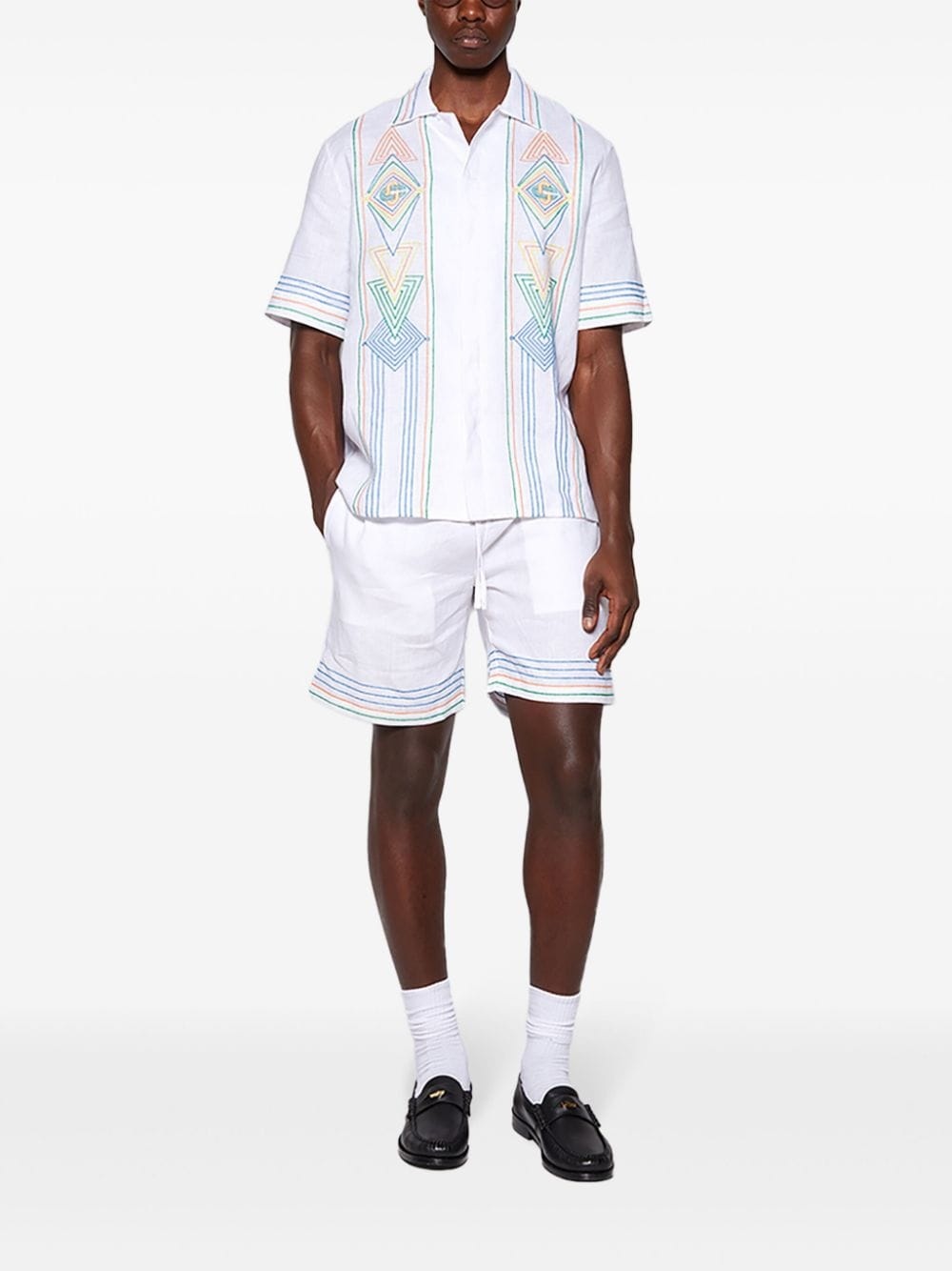 stripe-embroidered linen shorts - 2