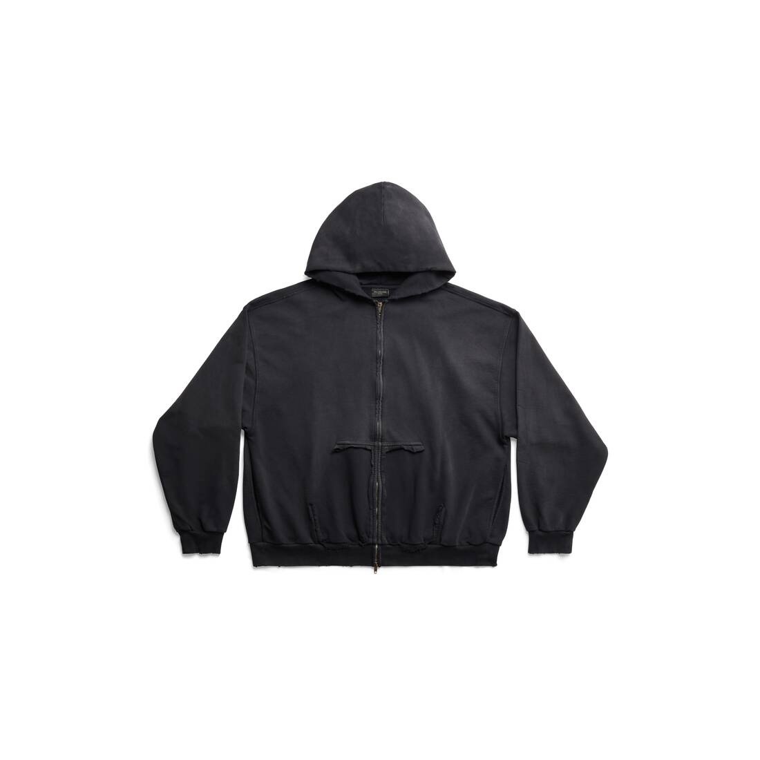 Tape Type Ripped Pocket Zip-up Hoodie Large Fit in Black Faded - 1