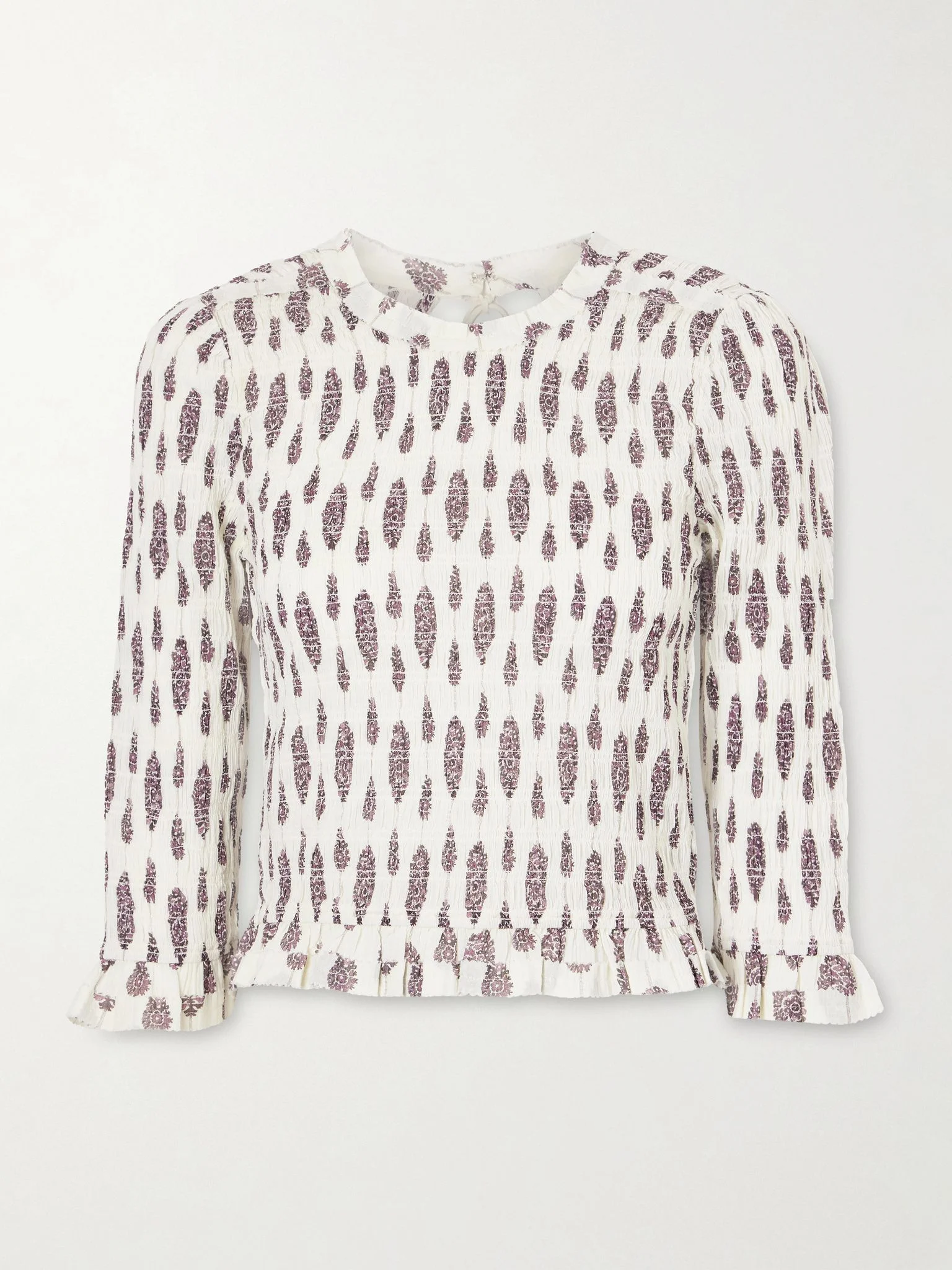 Arie open-back ruffled floral-print smocked cotton blouse Ecru - 1