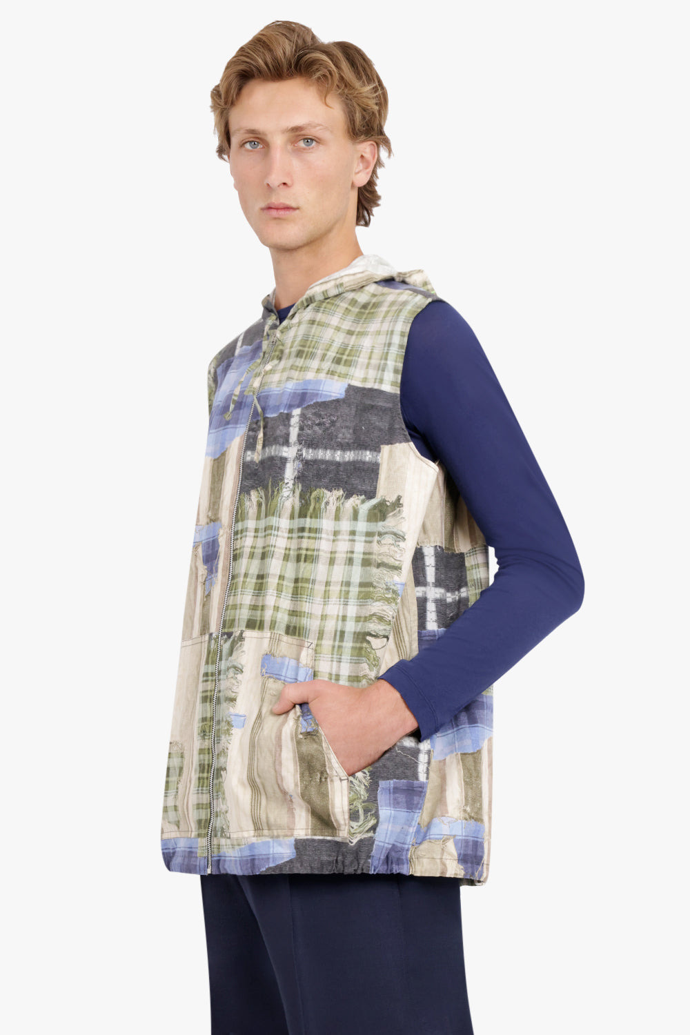 PATCHWORK LINEAR SLEEVELESS SHIRT | GREEN - 2