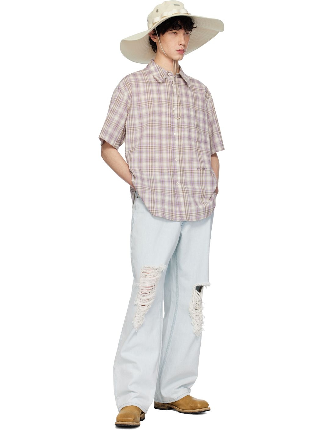 Off-White & Purple Madras Check Half Shirt - 5