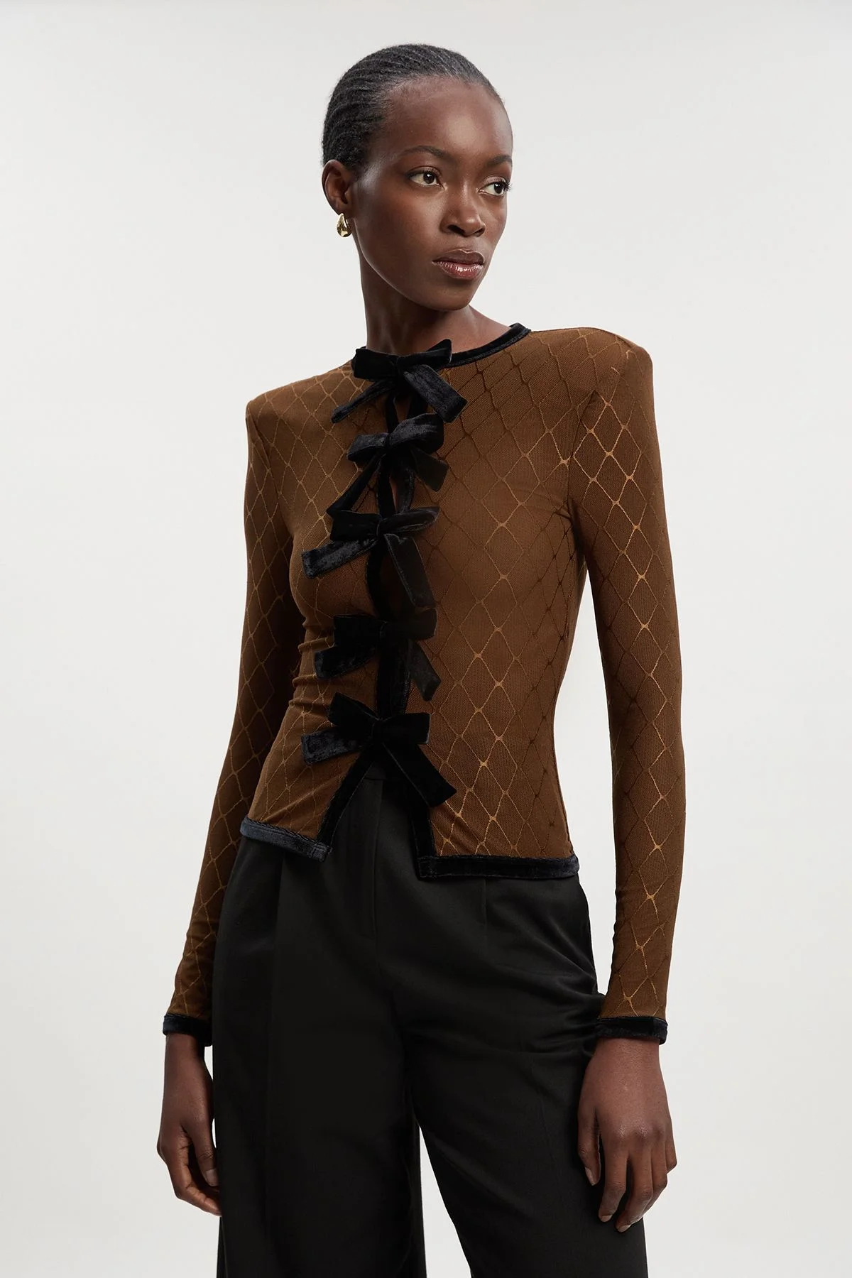 Mesh With Velvet Bow Trim Detail Crew Neck Long Sleeve Top - 1