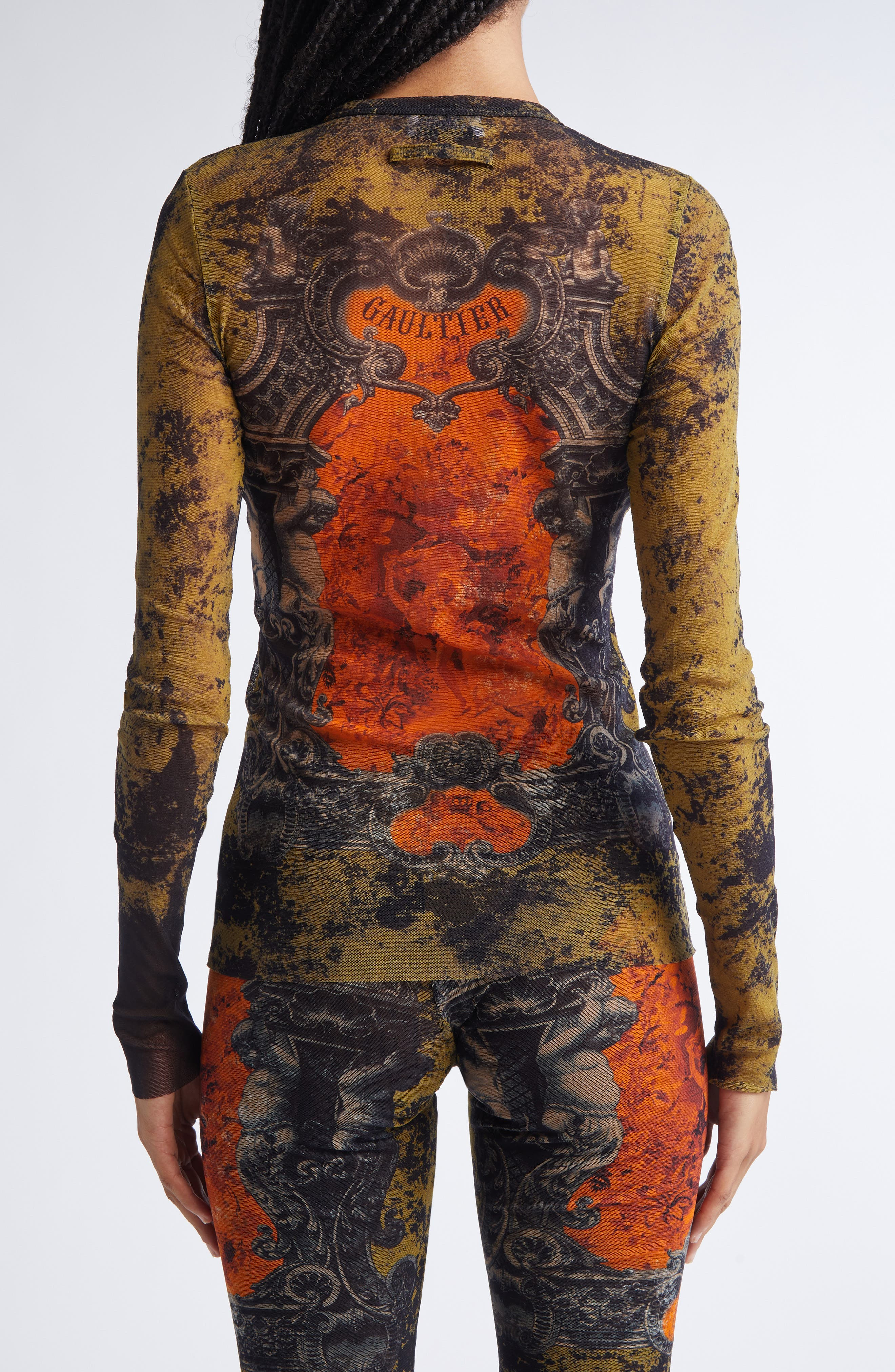 Jean Paul Gaultier Medallion Print Long Sleeve Mesh Top in Black/Khaki/Orange at Nordstrom - 3