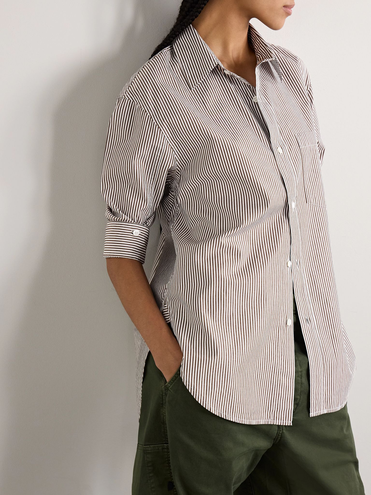 Kayla striped cotton-poplin shirt Chocolate - 6